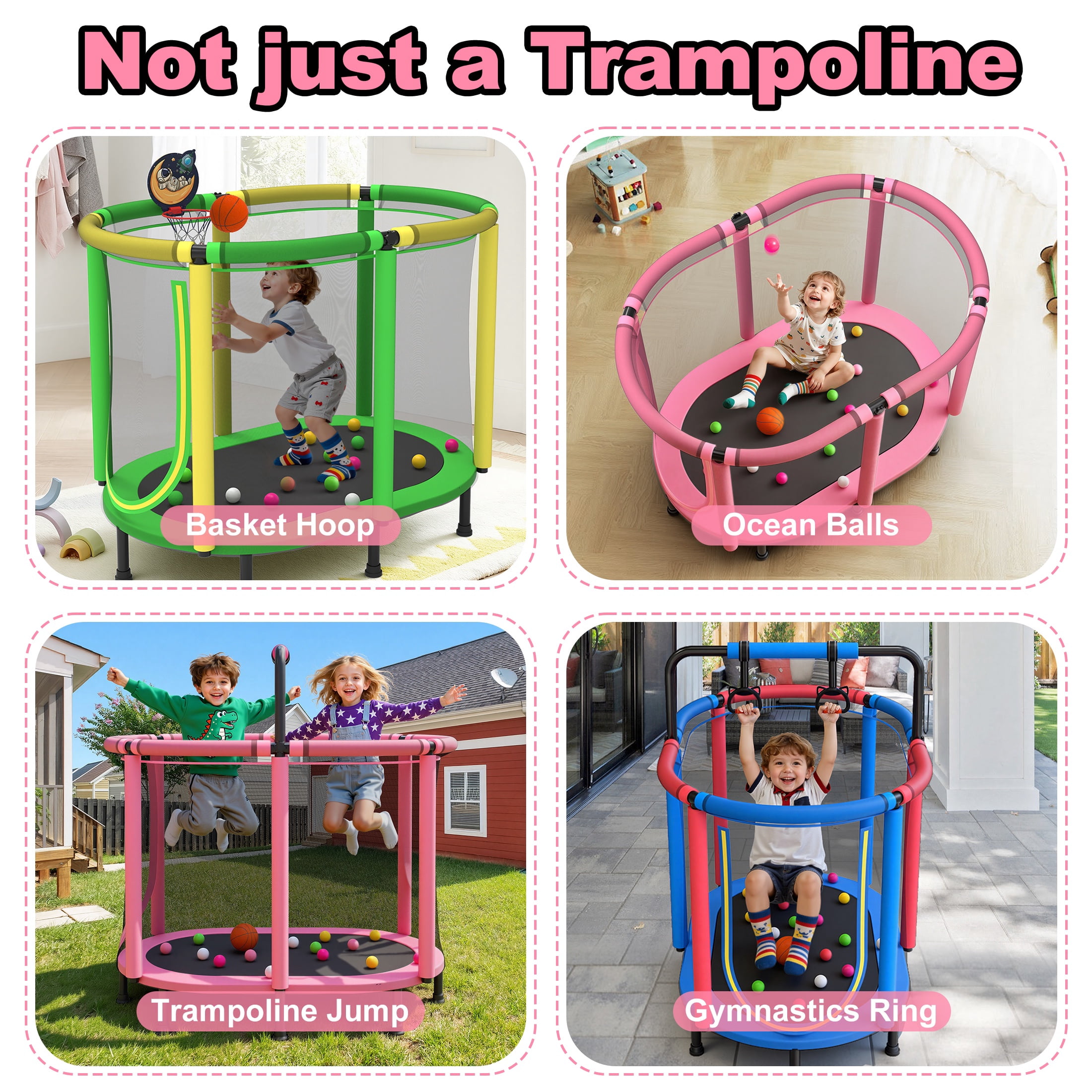 SHINPT 60 in Kids Trampoline with Enclosure Net, Basketball Hoop, and Gymnastic Bar (Pink, 60 in) n5r0i