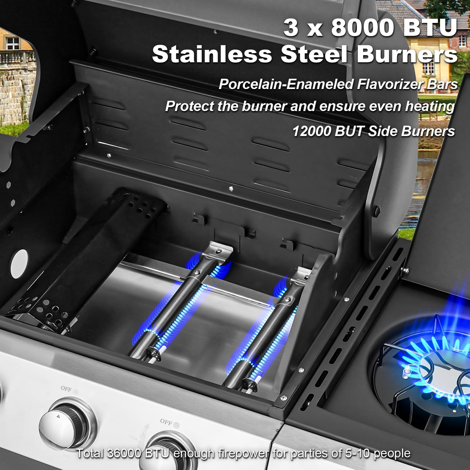 MELLCOM 3-Burner Propane Gas Grill with Side Stove and Cast Iron Grates (Black, 43.3 in x 18.9 in x 43.3 in) aifg2