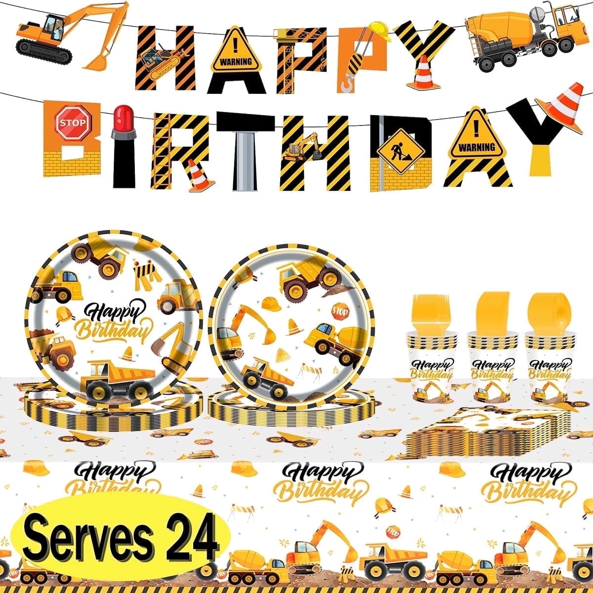Kabuer Construction Birthday Party Supplies Set with Plates Napkins and Tablecloth (Serves 24) tdq6f