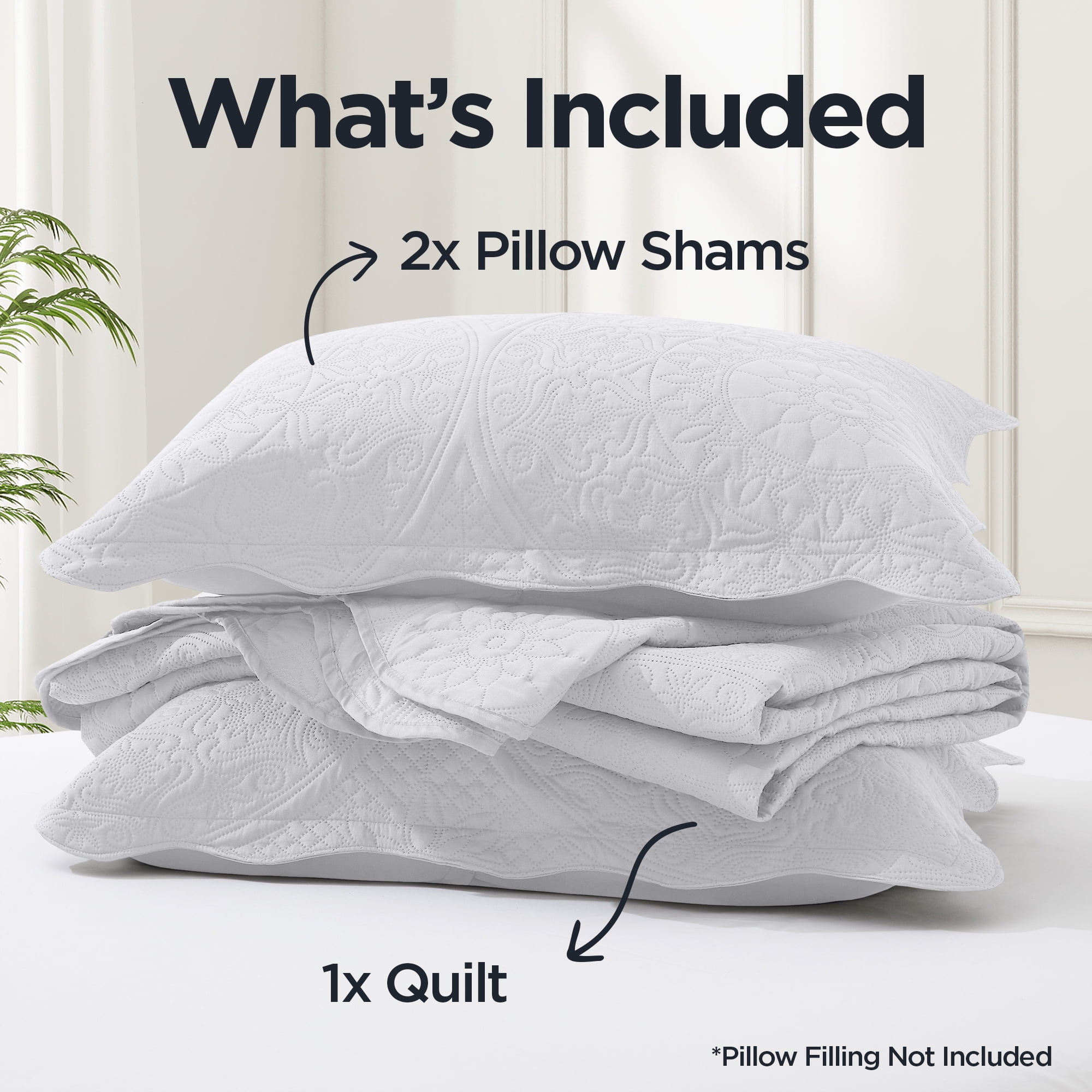 Ameha 3-Piece Quilt Set Embossed Floral Microfiber Bedspread (White, Queen Size) ia7b4