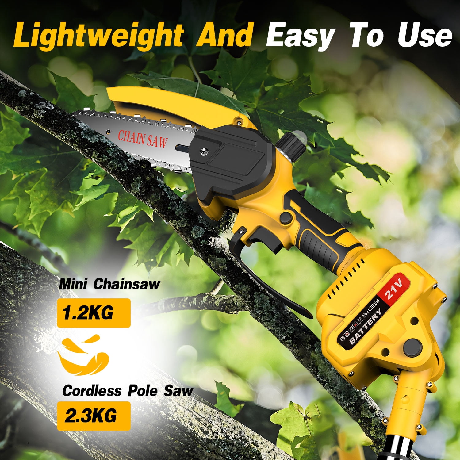 Tanbaby Cordless Pole Saw, 8-Inch Brushless Mini Chainsaw with Extension Pole, 21V Electric Tree Trimmer (Yellow, 5.4 ft) 5qsih