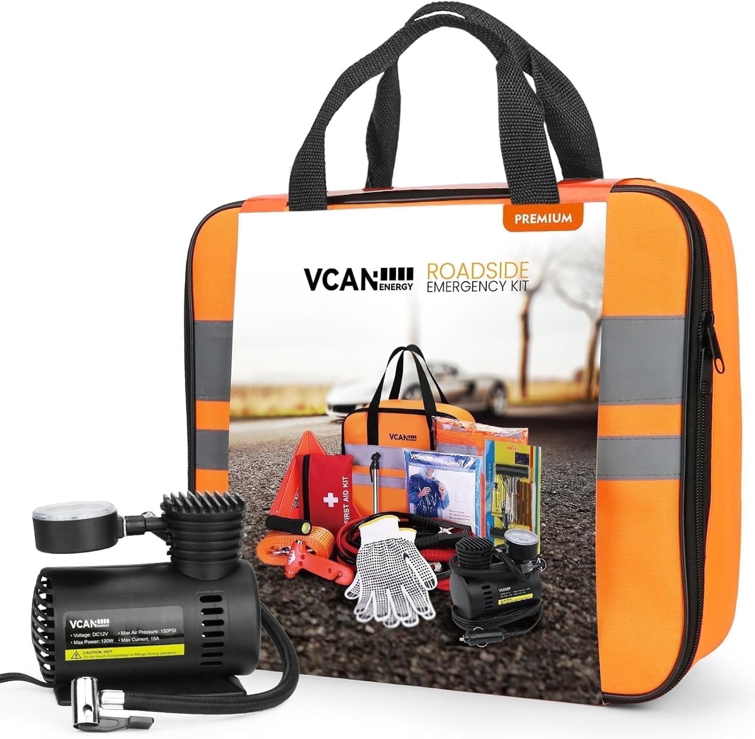 VCANENERGY 43-Piece Car Emergency Safety Kit with Portable Air Compressor and Jumper Cables (Orange, 43-Piece Set) 19h1q