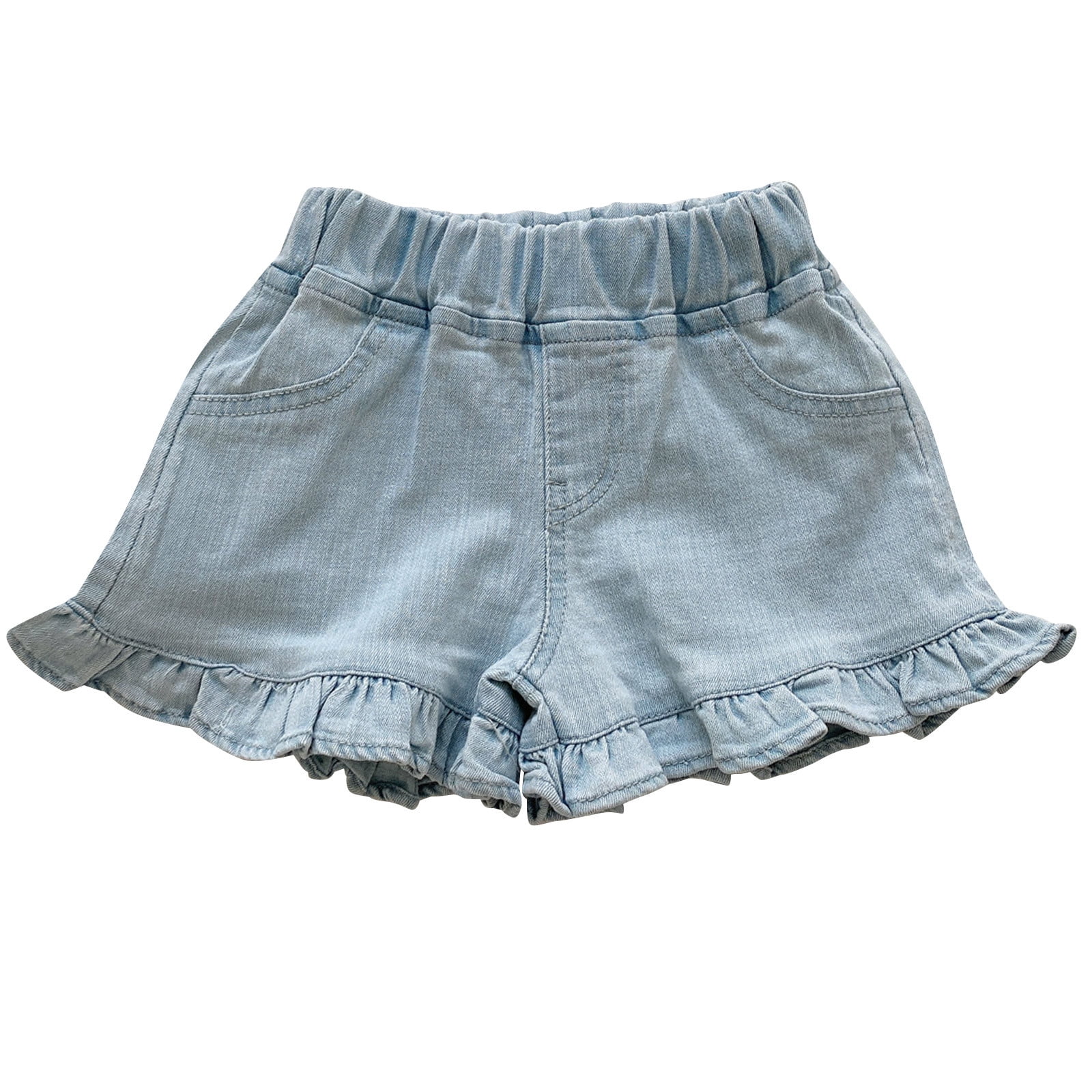 Bovxnpu Toddler Girls Denim Shorts, Distressed Ripped Ruffle Shorts with Pockets and Elastic Waist (Blue, 6 Years) 1gilw