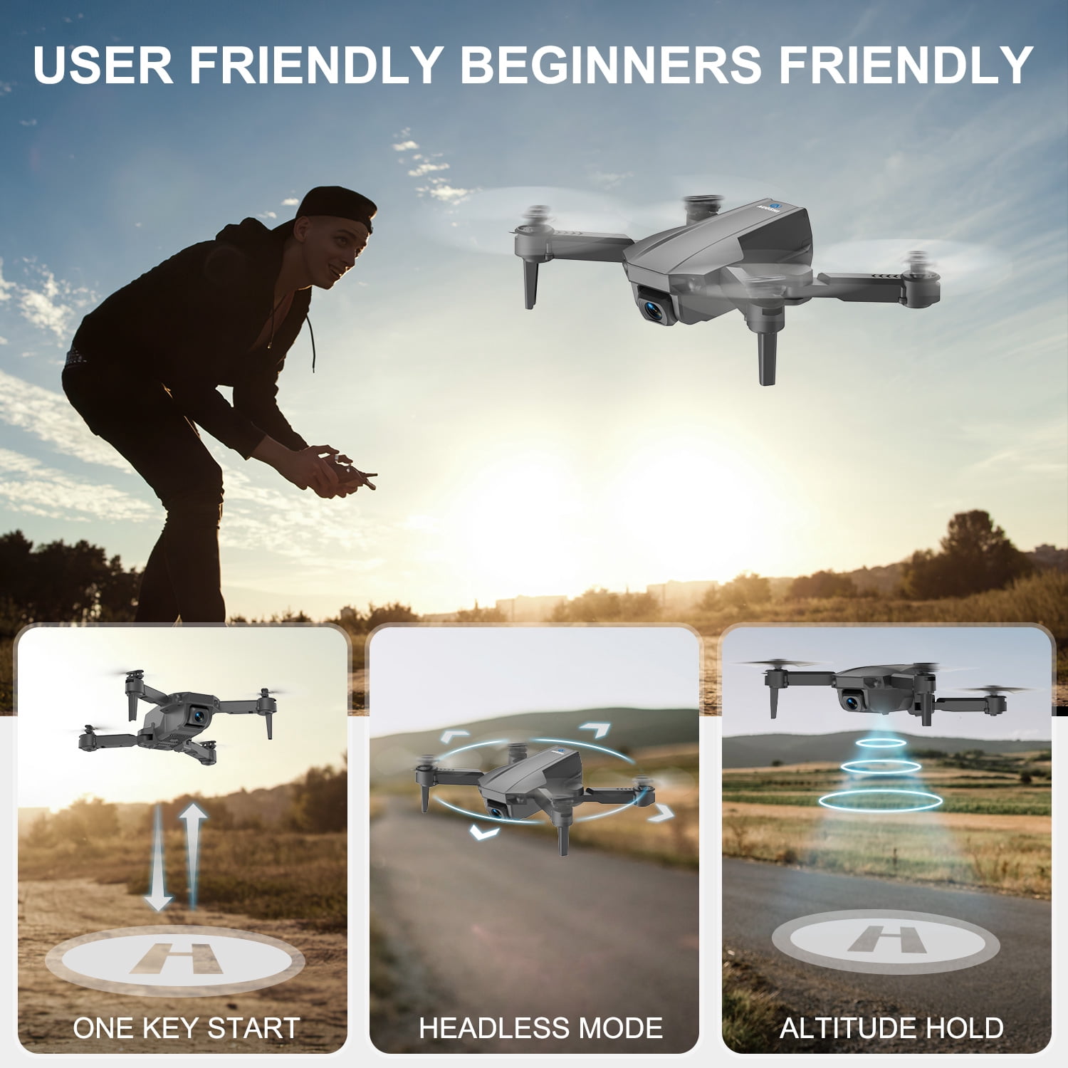 AUOSHI V1 Mini FPV Drone with 1080P HD Camera, Dual Lens, Optical Flow & Gesture Control (Black, 30 Minute Flight Time) dxhli