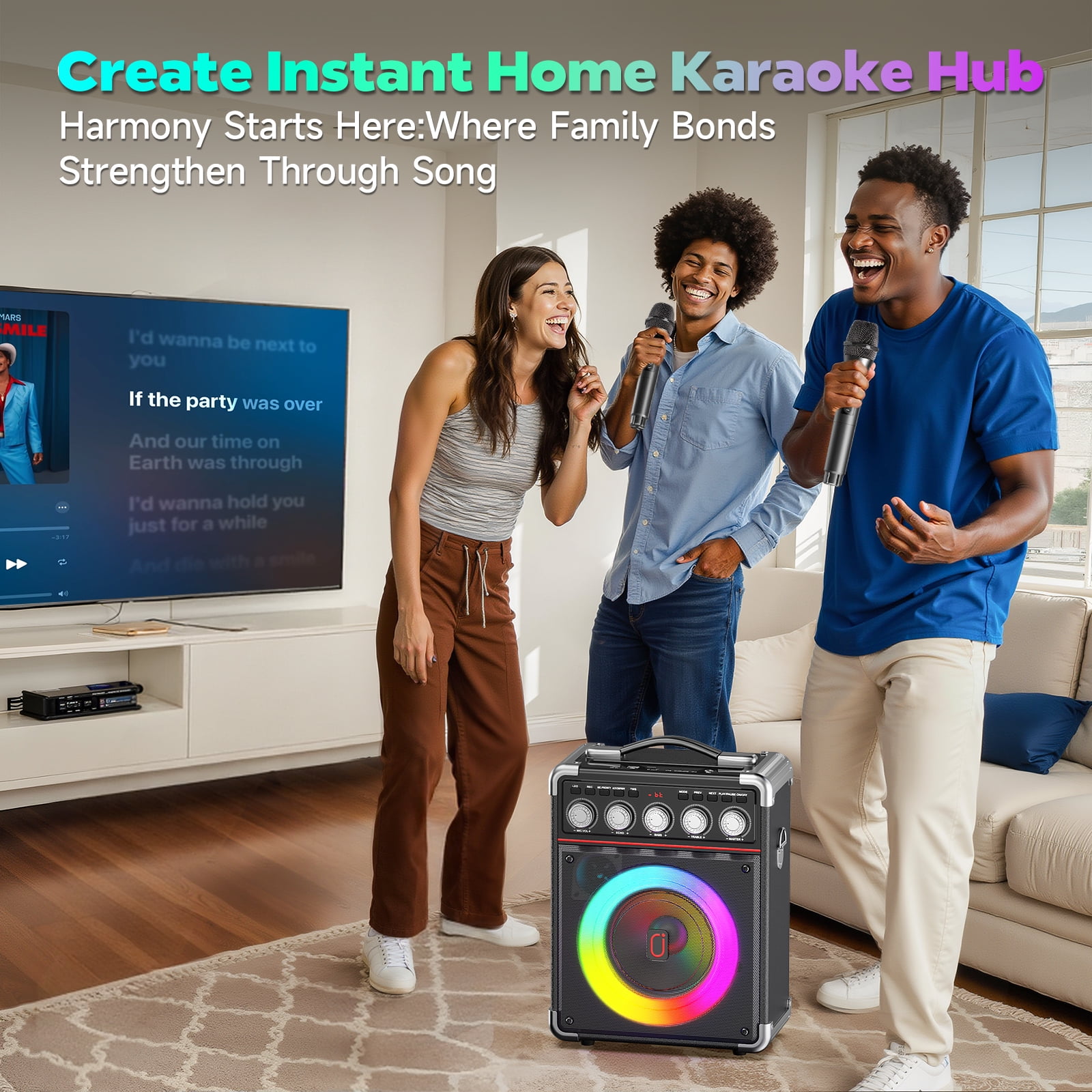 JAUYXIAN Portable Karaoke Machine with 2 Wireless Microphones, Bluetooth Speaker System for Parties (Black, 6.5 in Subwoofer) 0blqp
