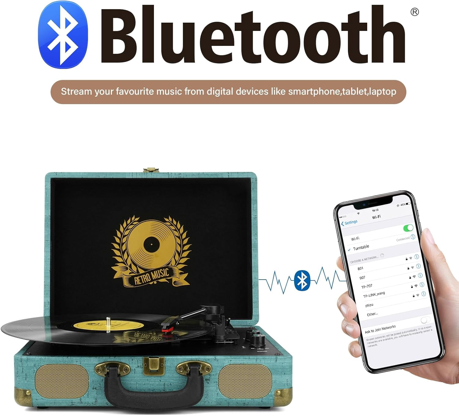 DIGITNOW Vinyl Record Player Bluetooth Turntable (Blue, 3-Speed Portable Suitcase) al1va