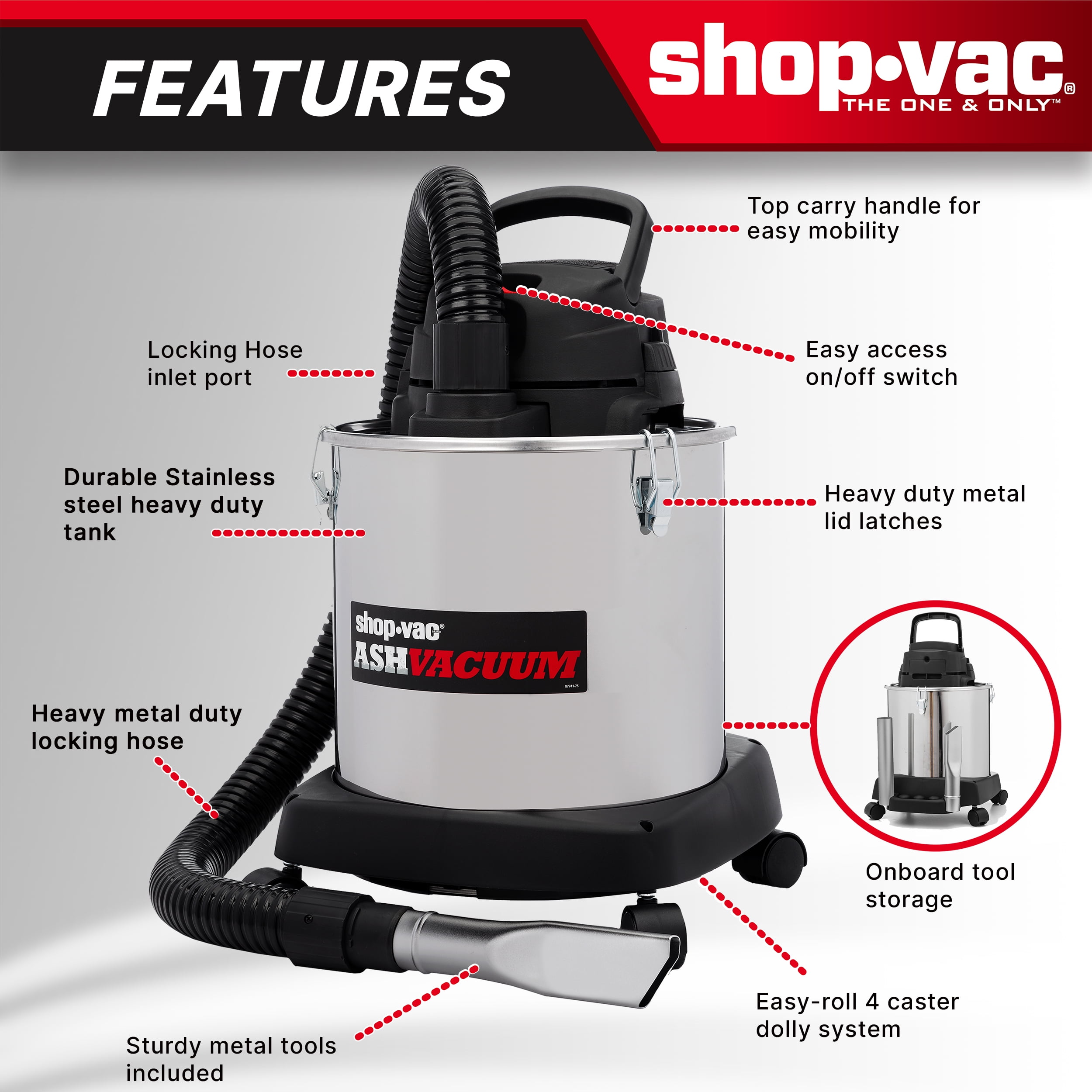 Shop-Vac 5 Gallon Stainless Steel Ash Vacuum with Dolly (Silver, 5 gal) cvyx2