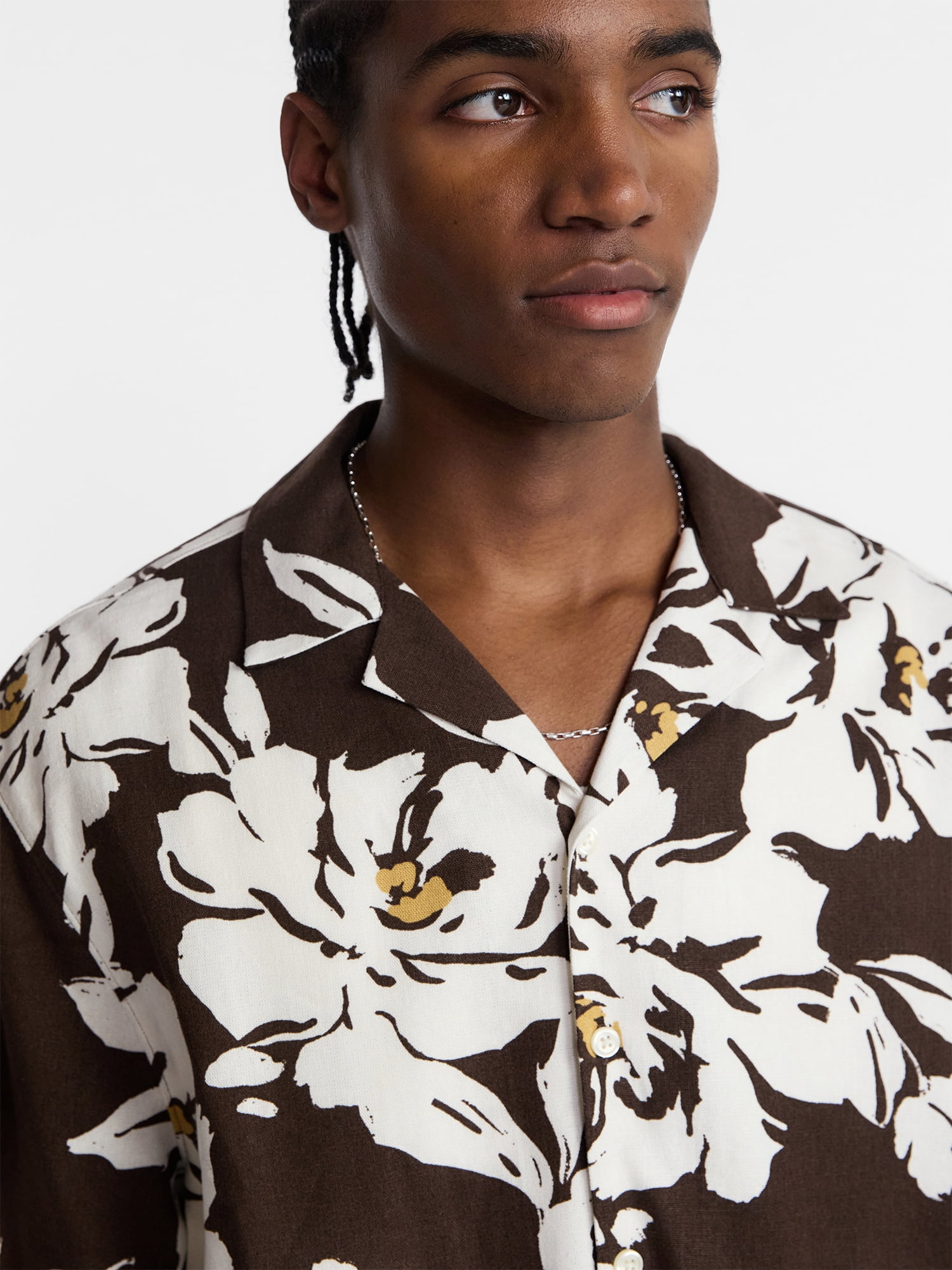 No Boundaries Men's Boxy Fit Linen Blend Resort Shirt (Brown, XS) om9l4
