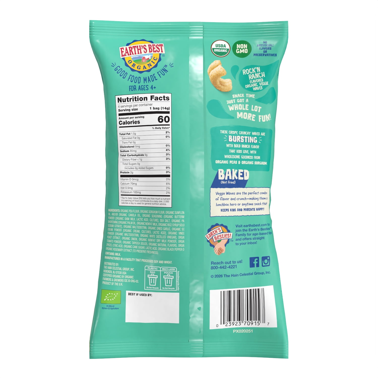 Earth's Best Organic Veggie Waves Snack, Non-GMO Rock'N Ranch Flavored (4 Pack, 0.49 oz) pvati