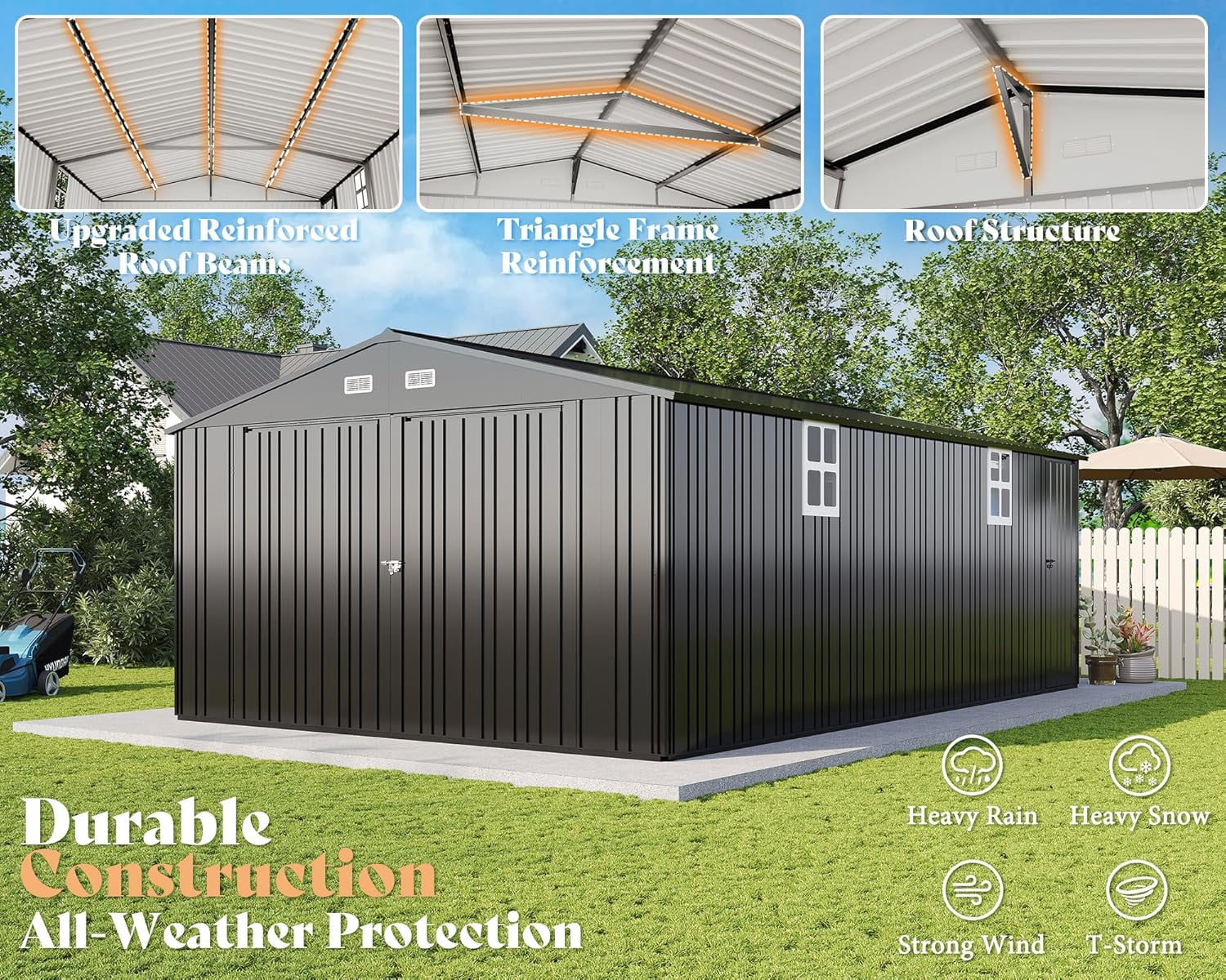 Jocisland Outdoor Metal Storage Shed, Heavy-Duty Garage Carport with Double Doors and Windows (Dark Grey, 13.2 ft x 21 ft x 8 ft) a8ixi