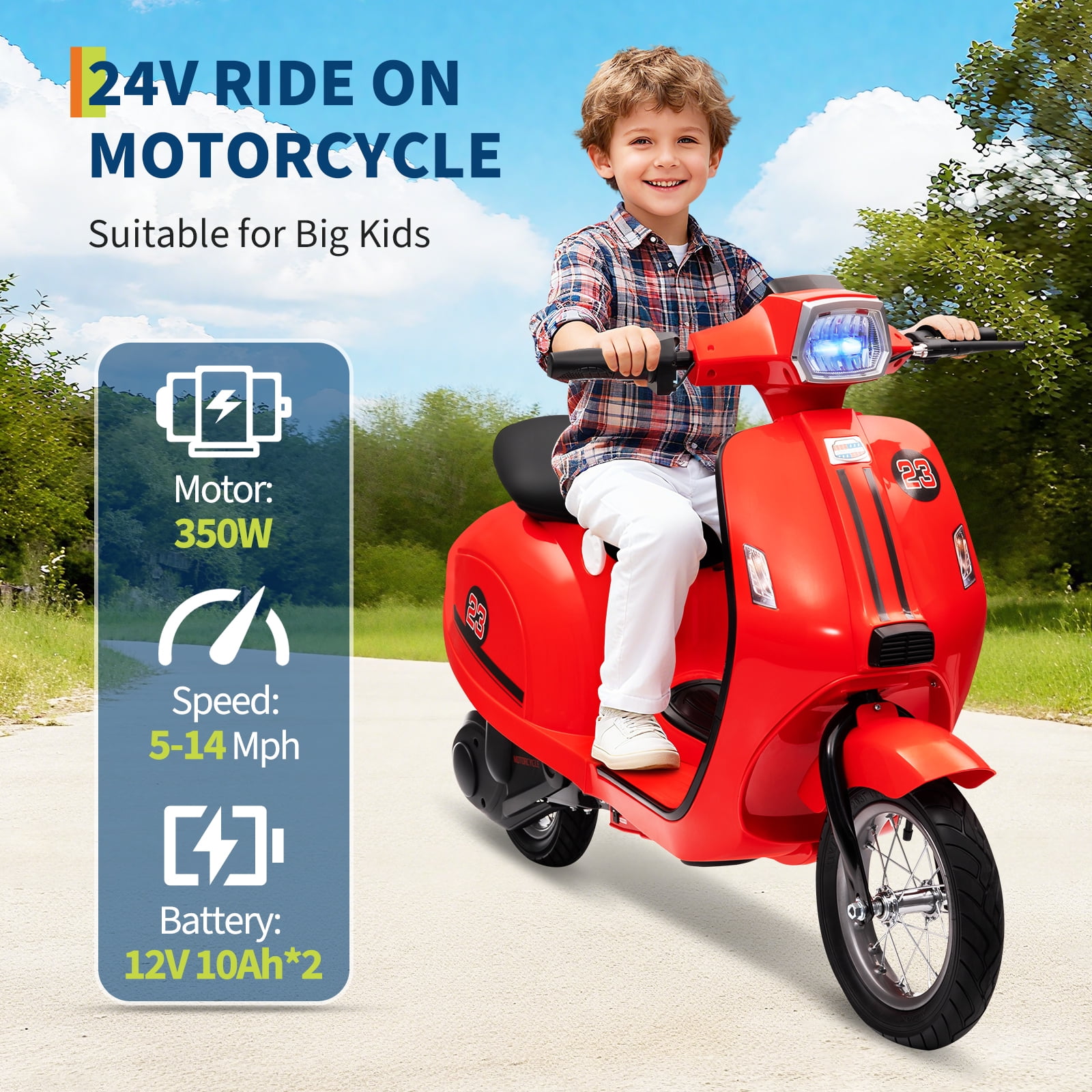 Tuekys Electric Moped Scooter for Kids, 24V 350W Ride-on Motorcycle with LED Lights (Red, 51.18 in) vu0ys