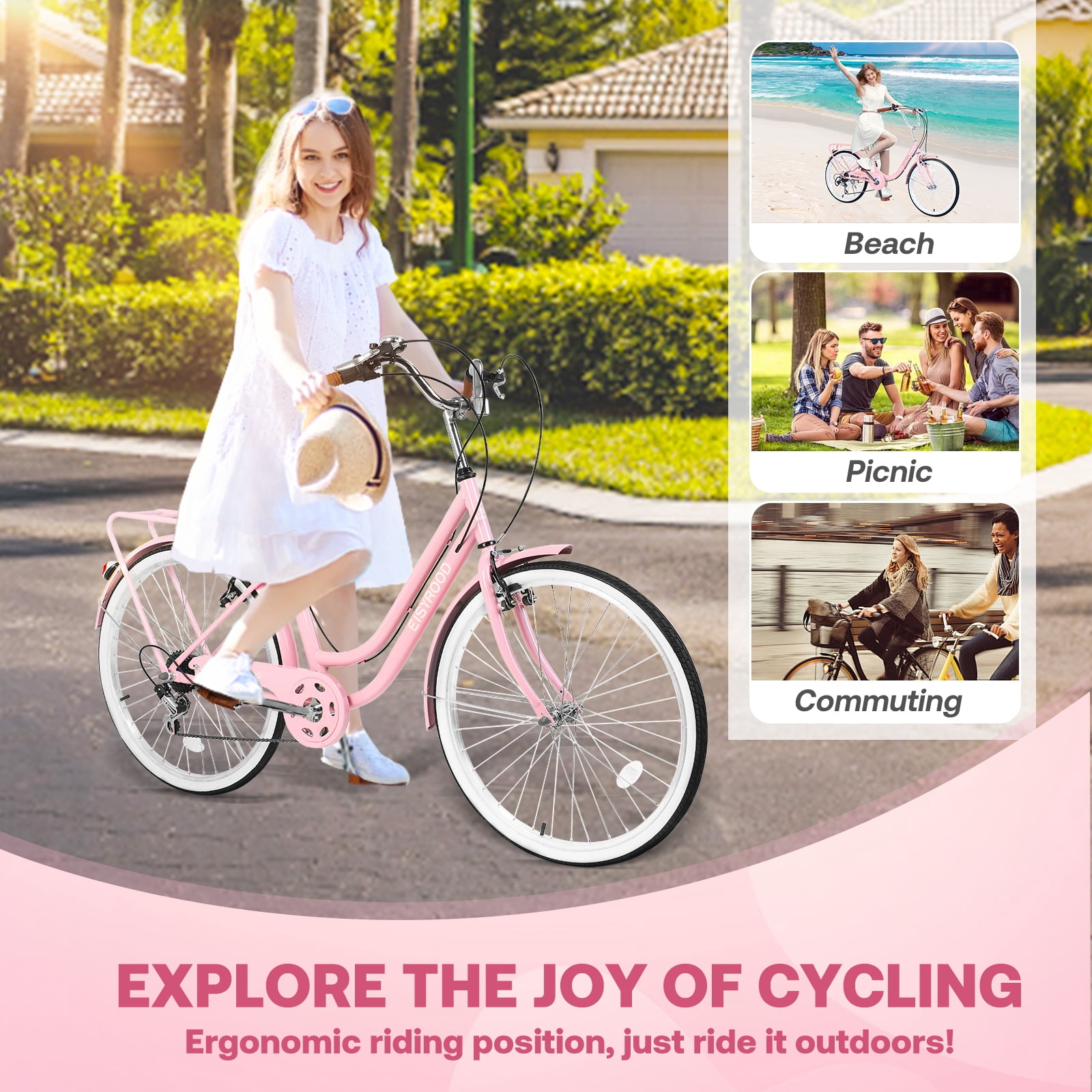 Gaonala 26 Inch Beach Cruiser Bike for Women, Comfort Saddle with Basket (Pink, 26 in) m80j2