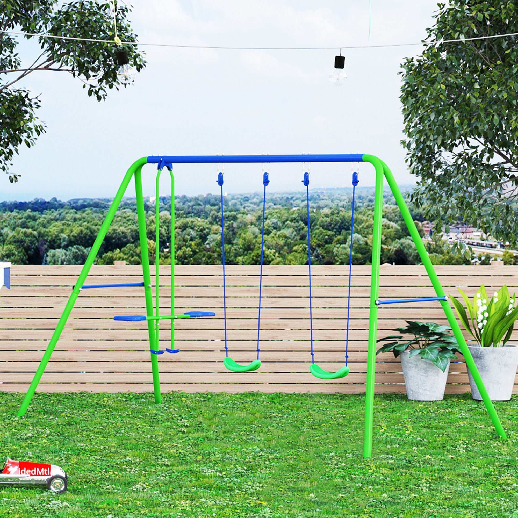 Outsunny Metal Swing Set with Glider and Two Adjustable Seats (Green, 110.25 in x 55 in x 70 in) fdgec
