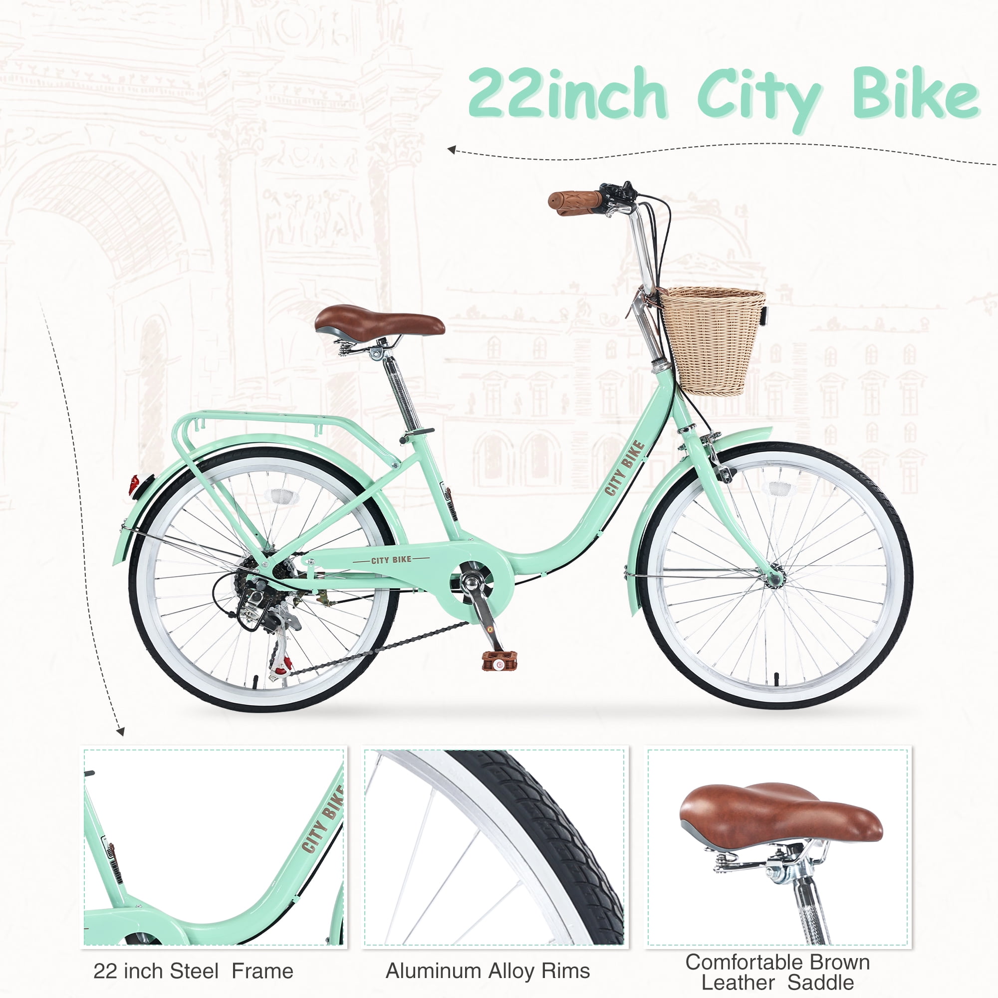 Meiyiu 22-inch City Cruiser Bike, 7-Speed Steel Frame Commuter Bicycle with Basket (Green, 13-inch Frame) 7wyc1