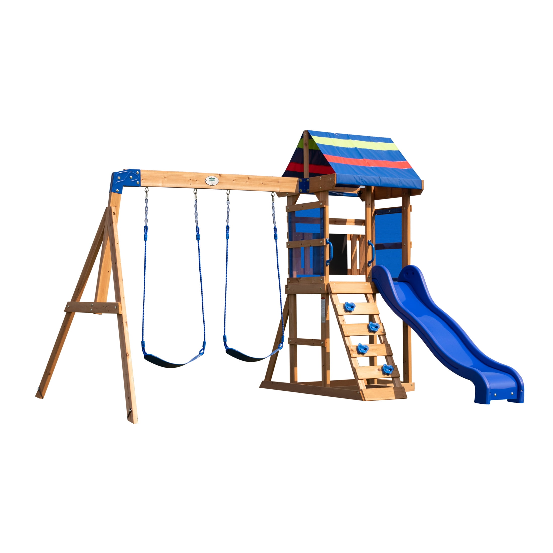 Backyard Discovery Bay Pointe Cedar Wood Swing Set with Slide, Play Deck, and Rock Wall Ladder (Brown) p7hi1