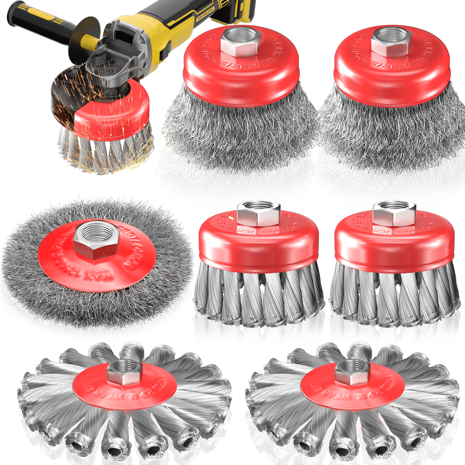 BURMONG 7-Piece Wire Wheel Brush Set for 4.5 in Angle Grinder, Heavy-Duty Carbon Steel Knotted and Crimped Cup Brushes (3 in and 4 in, 5/8 in-11 UNC Arbor) afk9w
