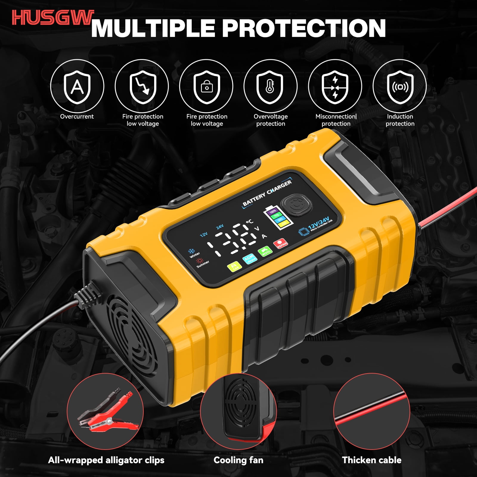 HUSGW Smart Car Battery Charger 12V 10A/24V 5A Automatic Trickle Maintainer for Lead-Acid and LiFePO4 (Yellow) 3qr0f