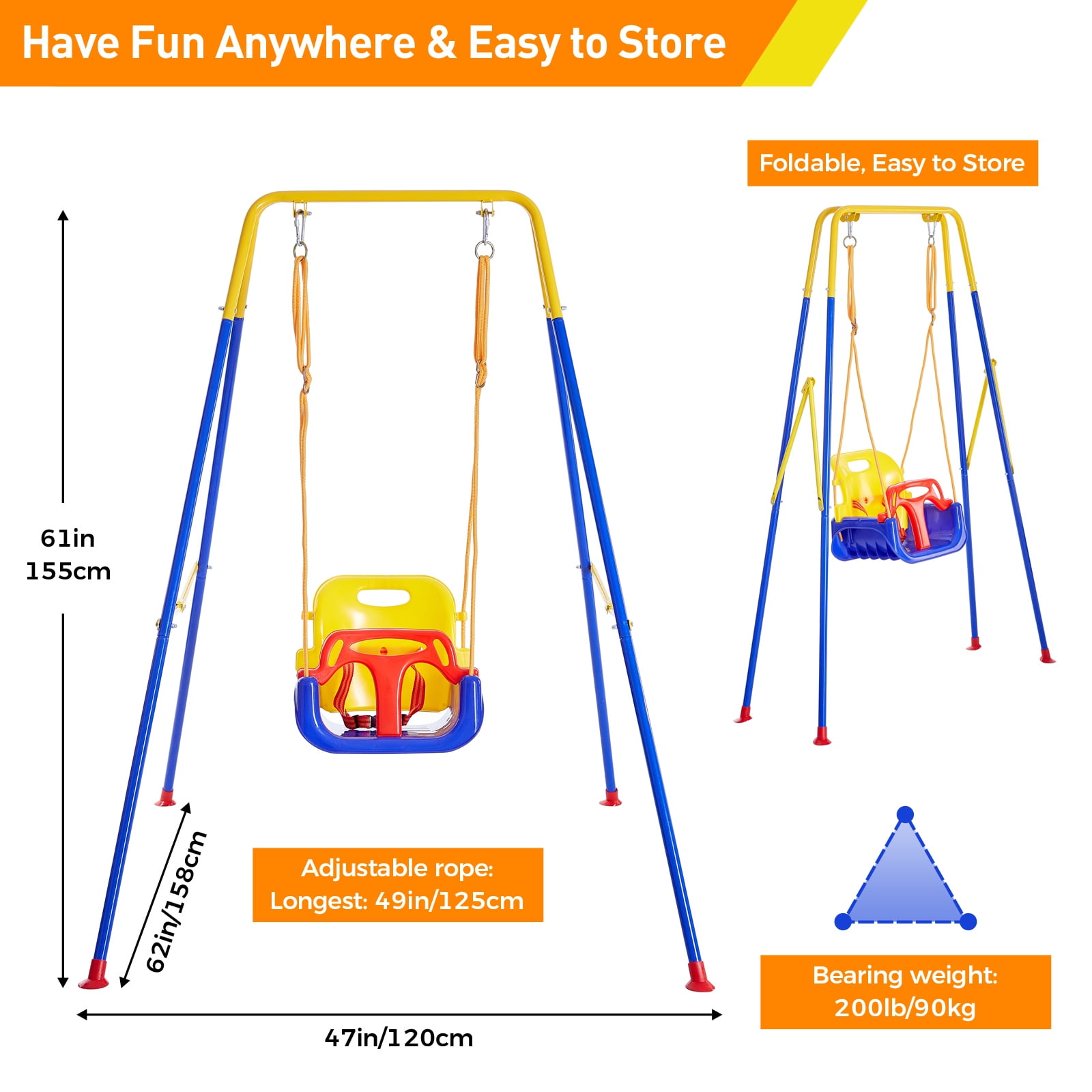FUNLIO 3-in-1 Toddler Swing Set with Foldable Metal Stand, Indoor/Outdoor Kids Playground Equipment with 4 Sandbags (49 in Rope) u4vi6