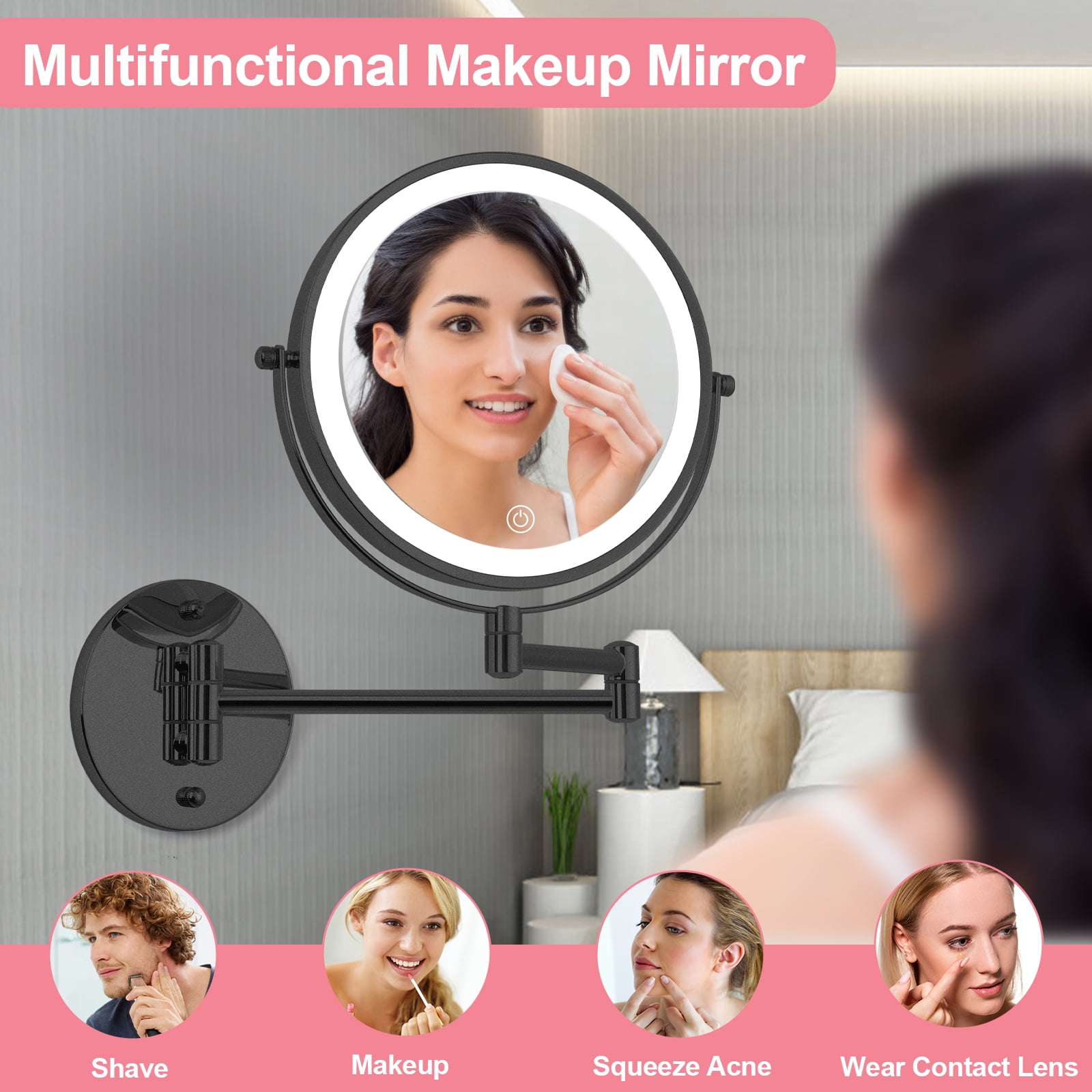 Umirokin Rechargeable Wall Mounted LED Makeup Mirror (Black, 8 in) 1X/10X Magnification Dimmable Vanity Mirror ghr2h