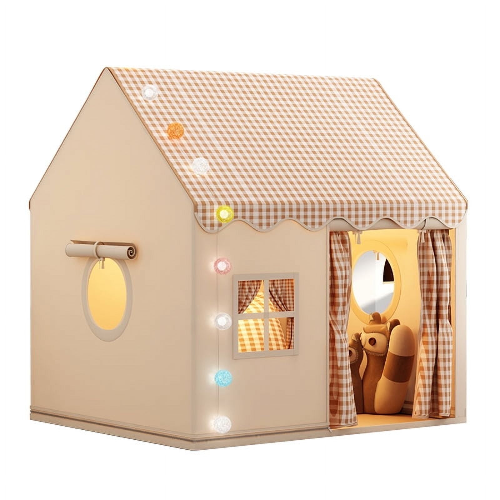 Cuopluber Kids Play Tent Indoor and Outdoor Playhouse with Lights (Brown, 50 in x 47 in x 41 in) dhkqp