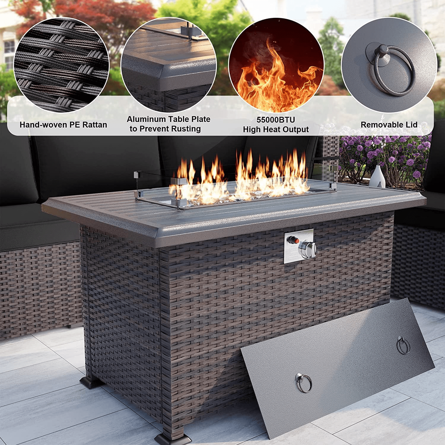 Gotland 43.3 in Rattan Propane Fire Pit Table, Rectangle Gas Fireplace with Windshield and Weather Cover (Brown, 43.3 in) ndwrs