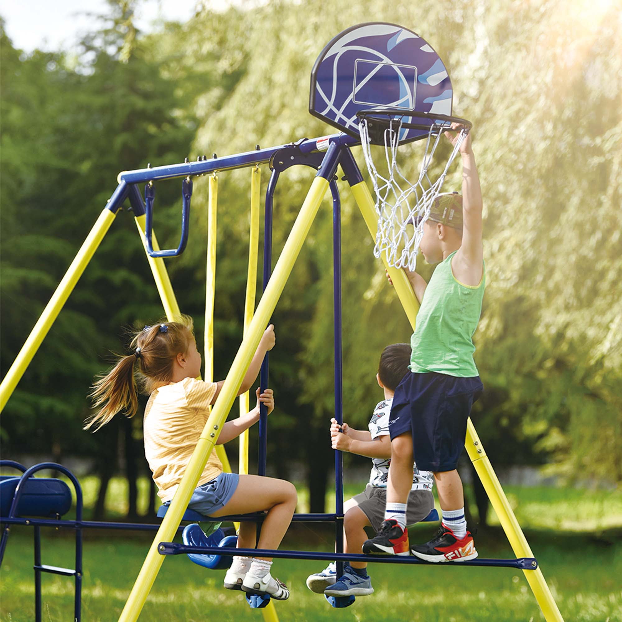 Enyopro 5-in-1 Heavy Duty Backyard Playground Swing Set with Slide, Seesaw, and Basketball Hoop (Yellow) eihpo