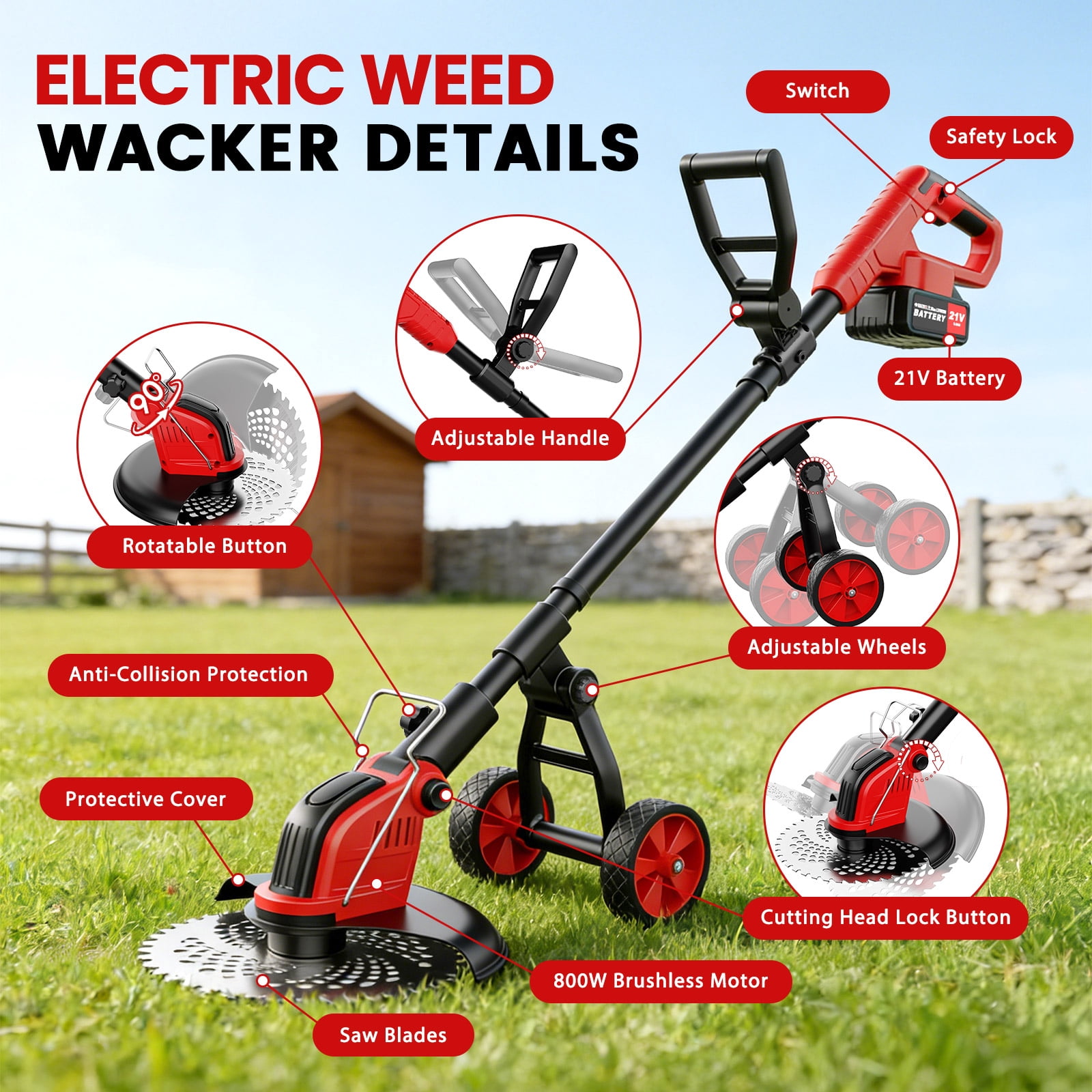Tanbaby Electric Weed Wacker Cordless Grass Trimmer with Wheels and 4 Blades (Red, 12 in) 6mn2f
