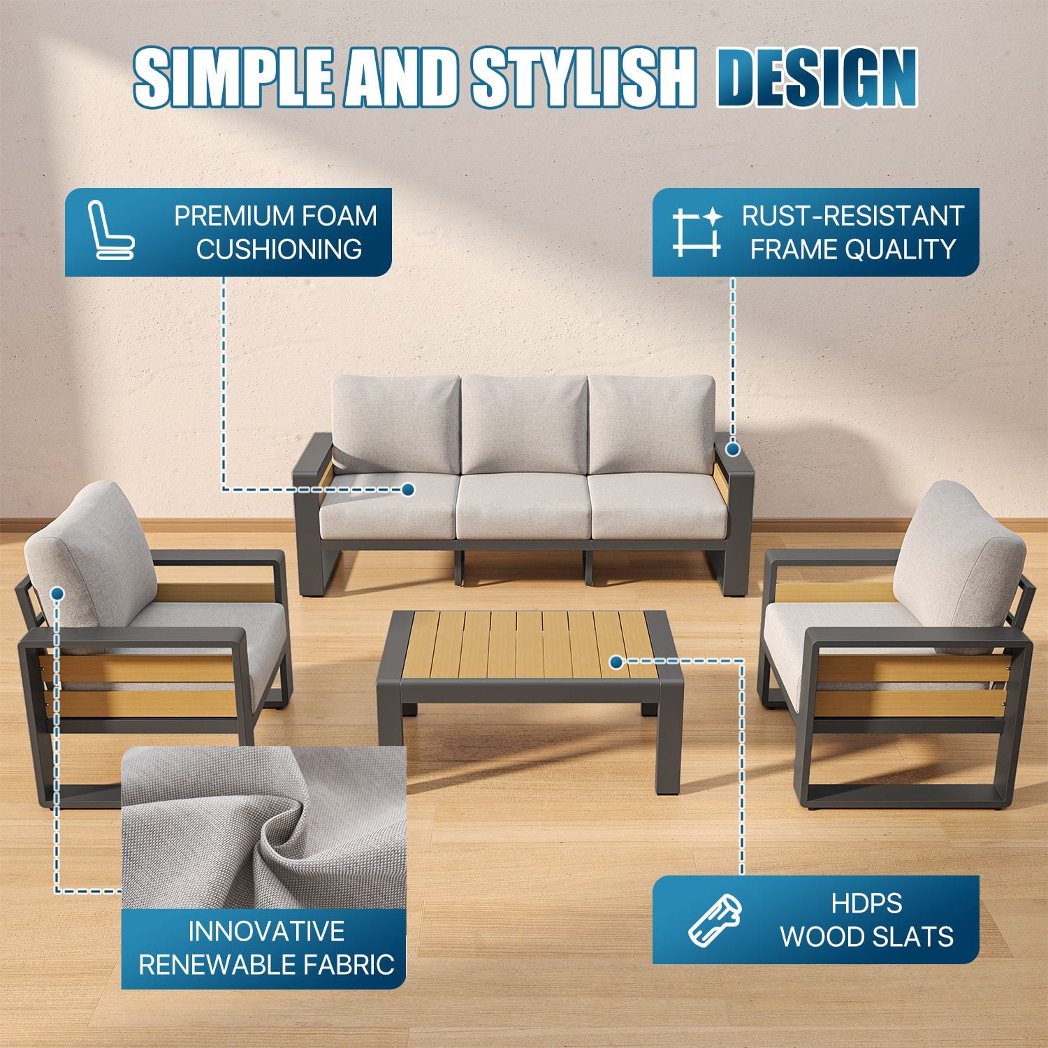 CLOUDDWELL 7-Piece Aluminum Patio Furniture Set, Outdoor Metal Sofa Conversation Set with Coffee Table (Light Gray, 7-Seat) 1r67y