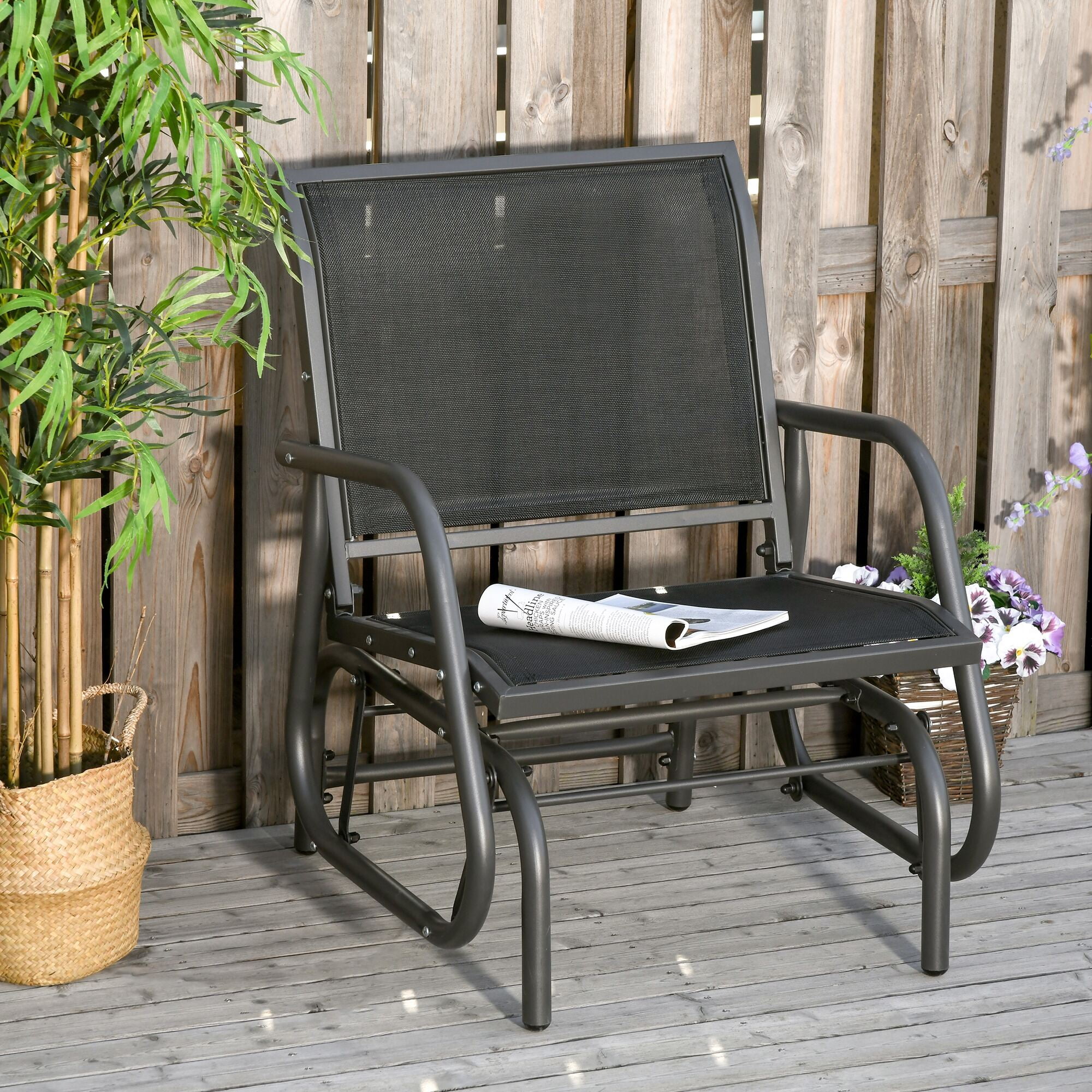 AURAVISTA Porch Glider Chair, Outdoor Metal Rocking Swing with Breathable Mesh Fabric (Black, 29.5 in W x 26 in D x 33.5 in H) hg5au