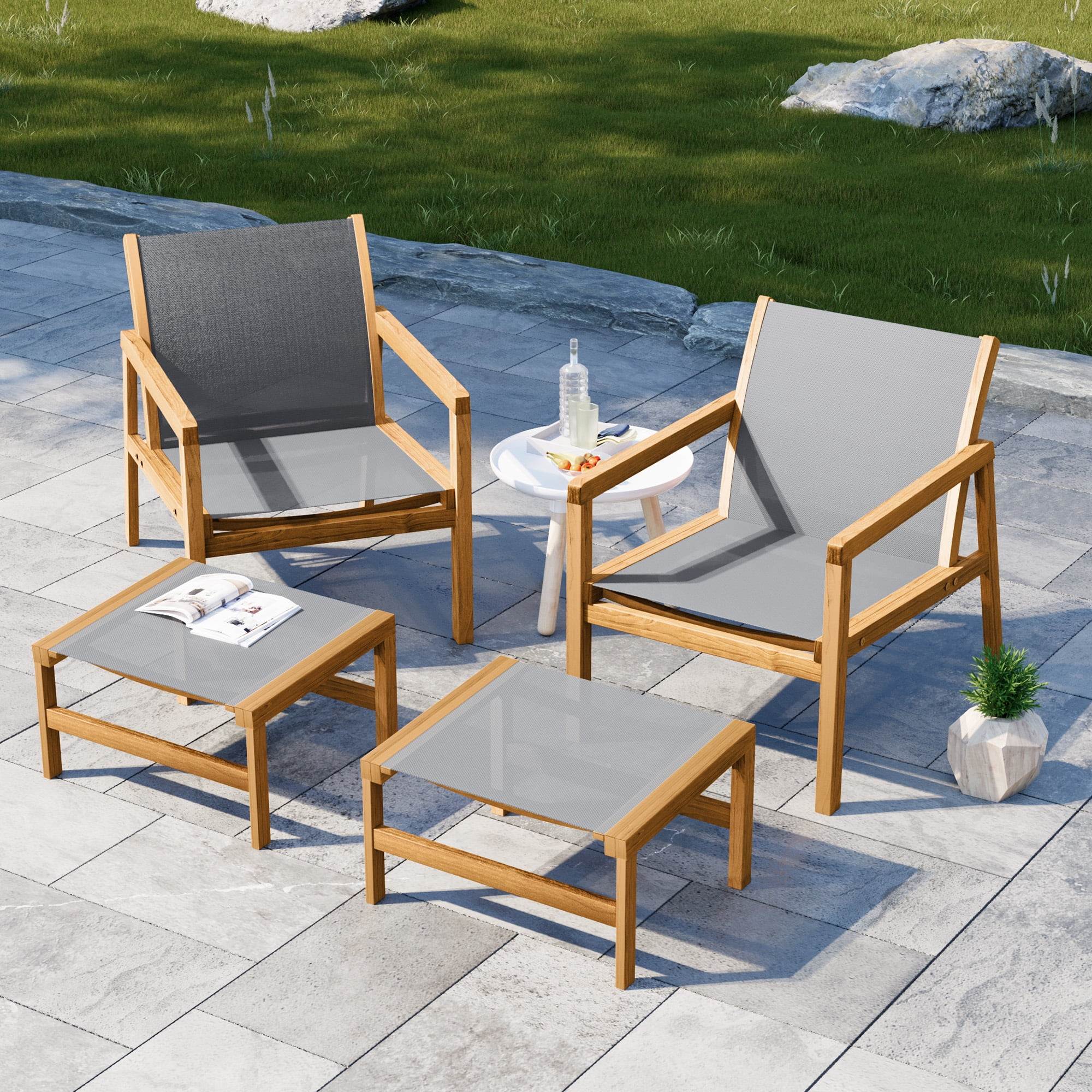 Homall 4-Piece Patio Conversation Set with Acacia Wood Frame and Textilene Chairs (Gray) iaemv