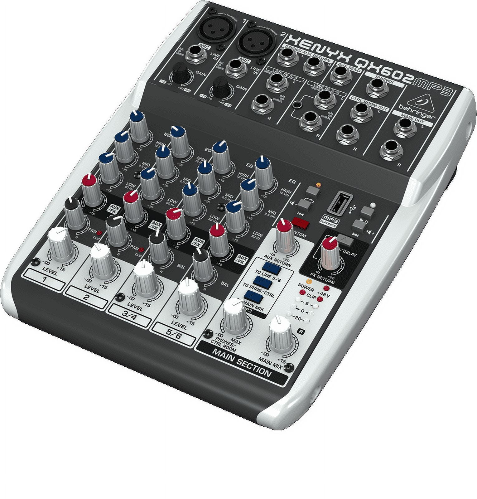Behringer XENYX QX602MP3 Premium 6-Input 2-Bus Mixer with Mic Preamps and Multi-FX (Black, 1 Unit) y9m41