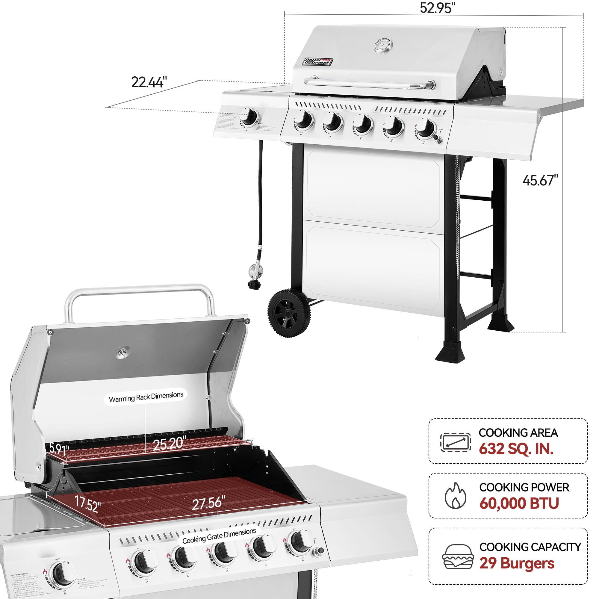 Royal Gourmet GA5401T 5-Burner Liquid Propane Gas Grill with Side Burner (Silver, 632 sq. in.) 8cci9