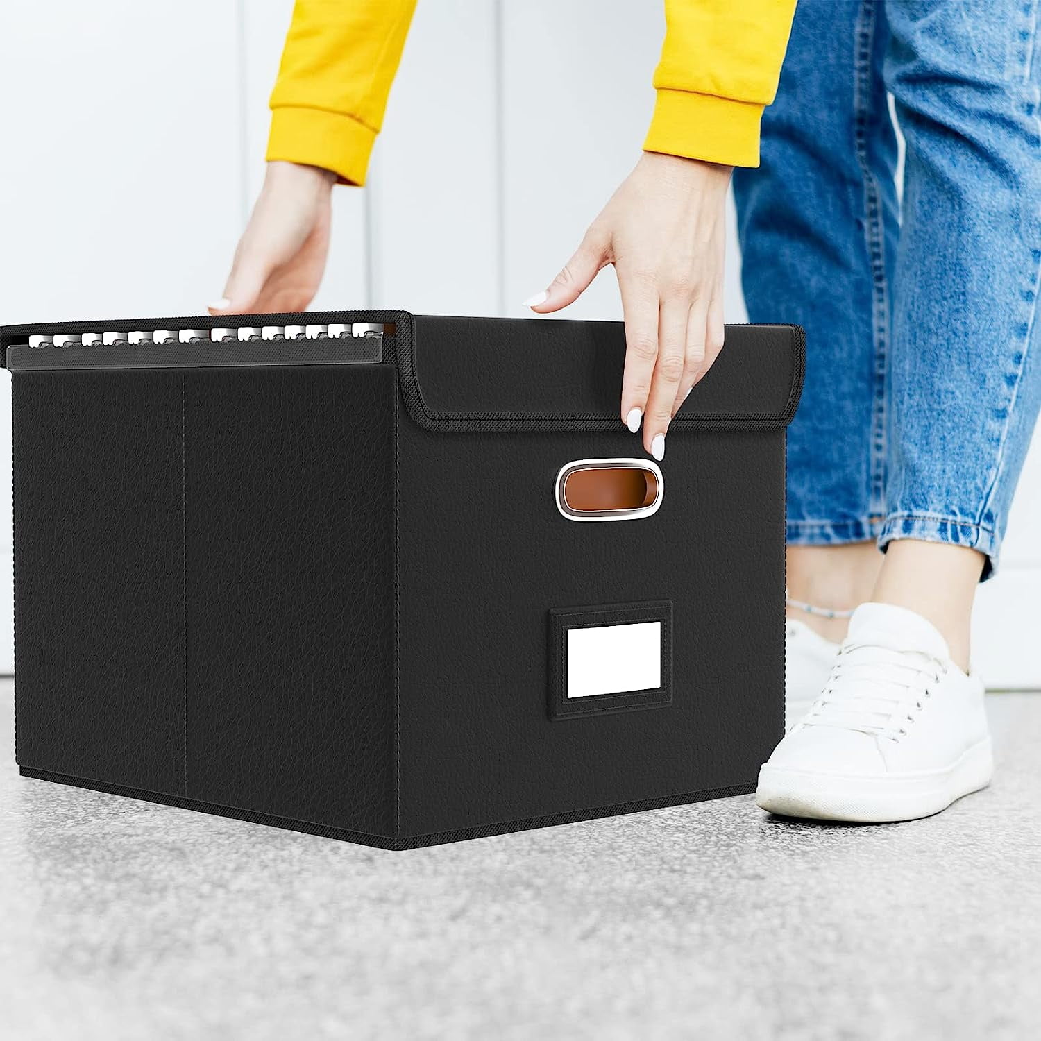Gijjgole Collapsible Faux Leather Hanging File Folder Box Organizer with Lid and Plastic Slides (Black, 14.9 in x 12.7 in x 10.8 in) 722hx