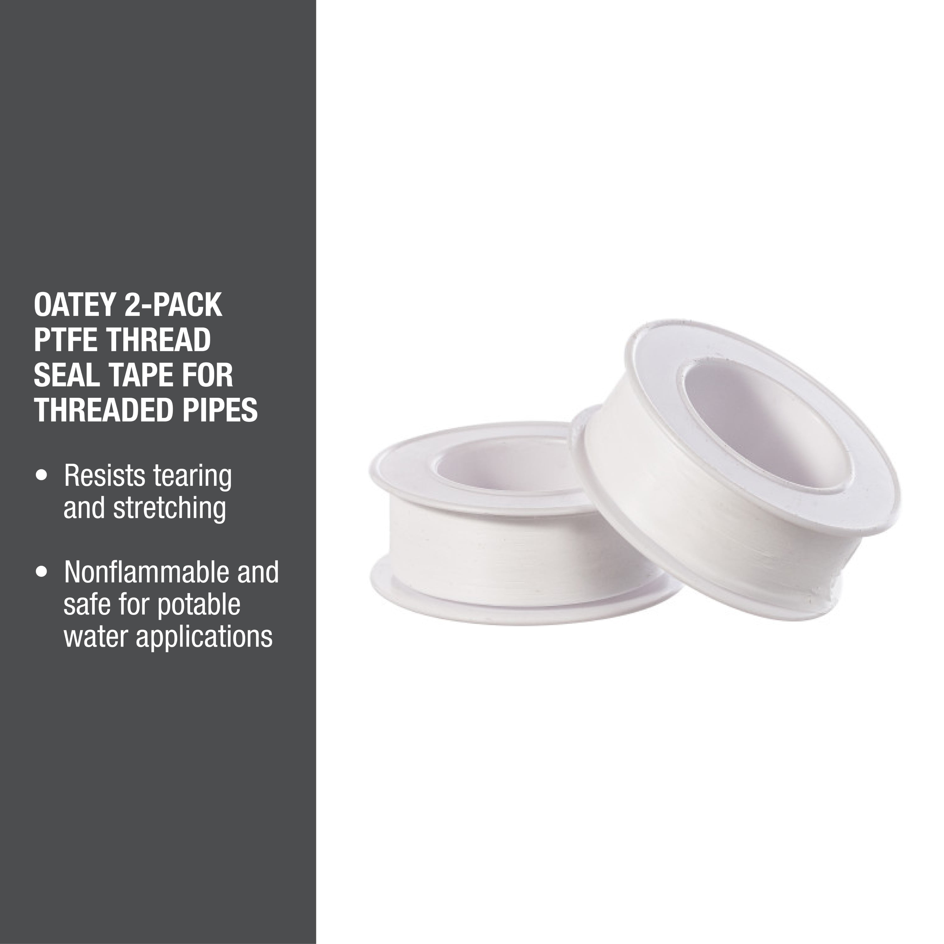 Oatey PTFE Thread Seal Tape for Plumbing and Industrial Piping (White, 0.5 in x 260 in, 2-Pack) h7mwd