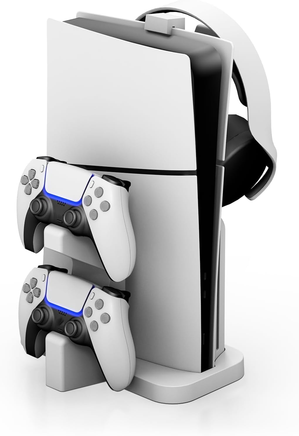 NBCP PS5 Slim Vertical Stand with Dual Controller Charger and Headphone Holder (White) 9f3o8