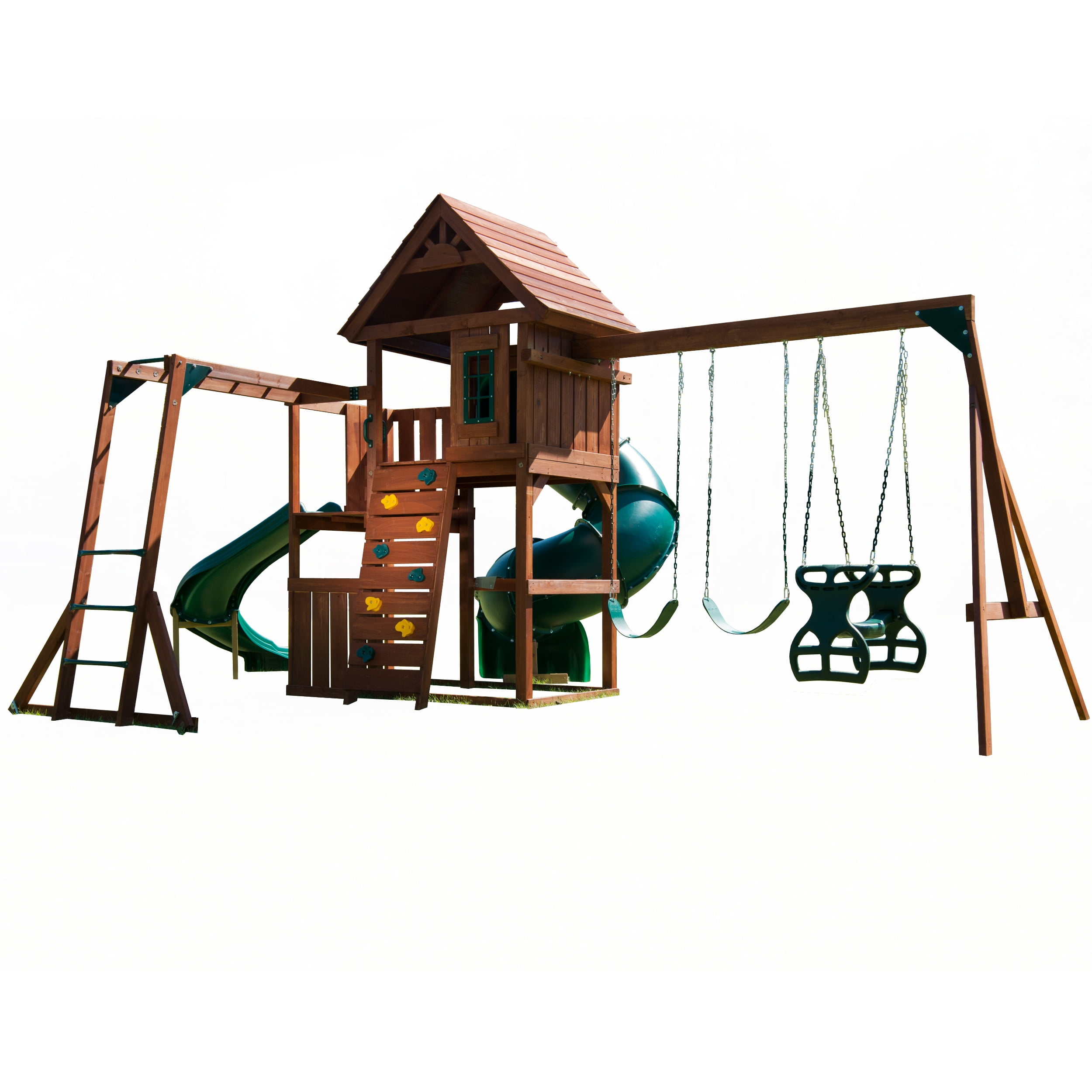 Swing-N-Slide Grandview Twist Wooden Backyard Playground Set with Slides and Monkey Bars (Green, 1 Unit) iqd8n