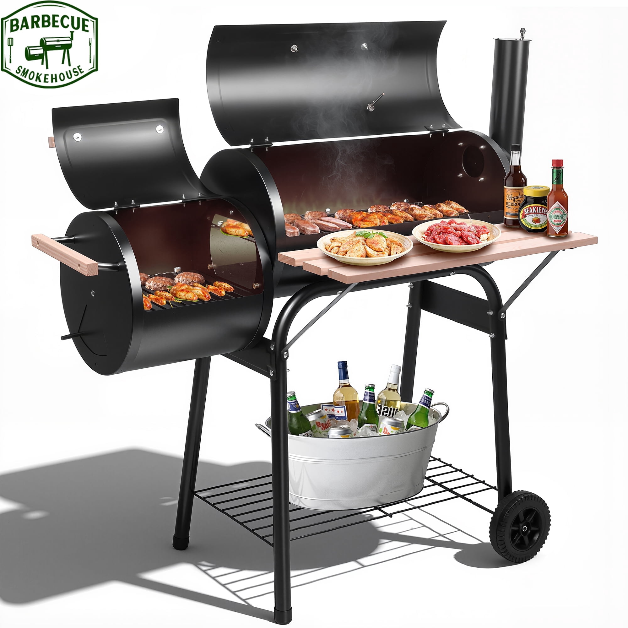 Seizeen Charcoal Grill with Offset Smoker, Outdoor BBQ Grill with Side Table (Black, 44 in x 25 in x 45 in) dq2j8