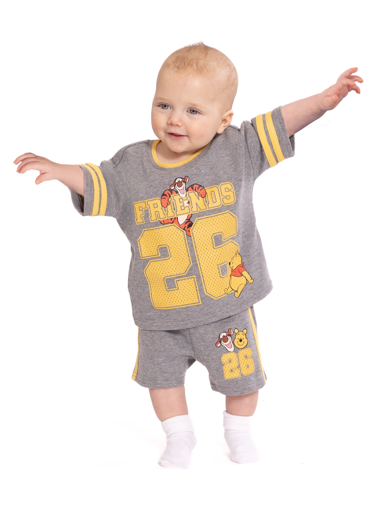 Winnie the Pooh Baby Boys Athletic Graphic T-Shirt and Shorts Set (Grey, 0-3 Months) z45dw