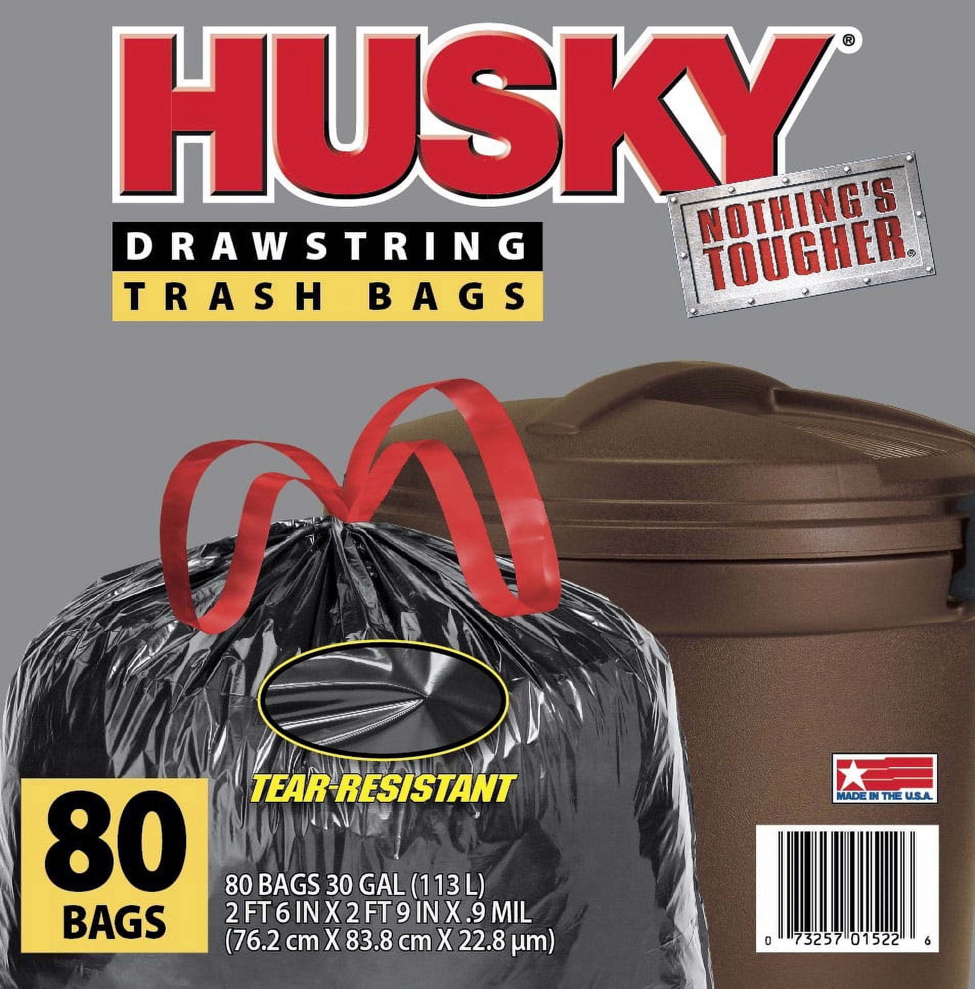 Husky Large Trash Bags, Heavy-Duty Drawstring Kitchen Liners (Black, 30 Gallon, 80 Count) raa6k