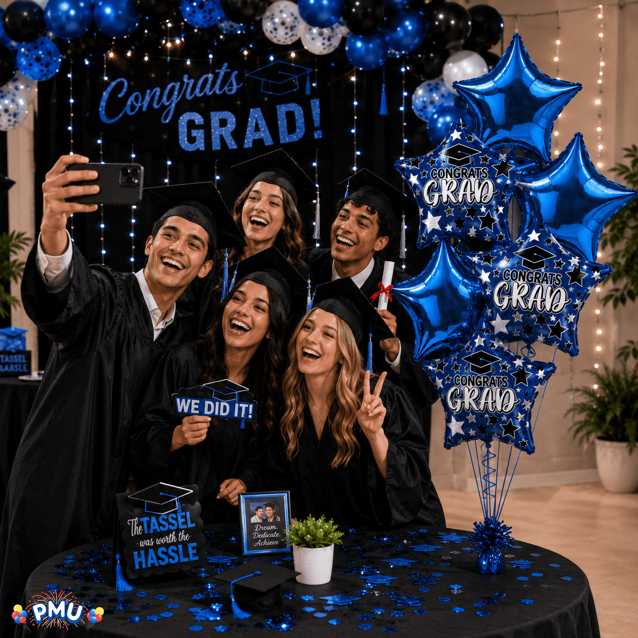 PMU Graduation Party Balloon Bouquet Set, Congrats Grad Star Decorations (Blue, 6-Piece Set) htt2d