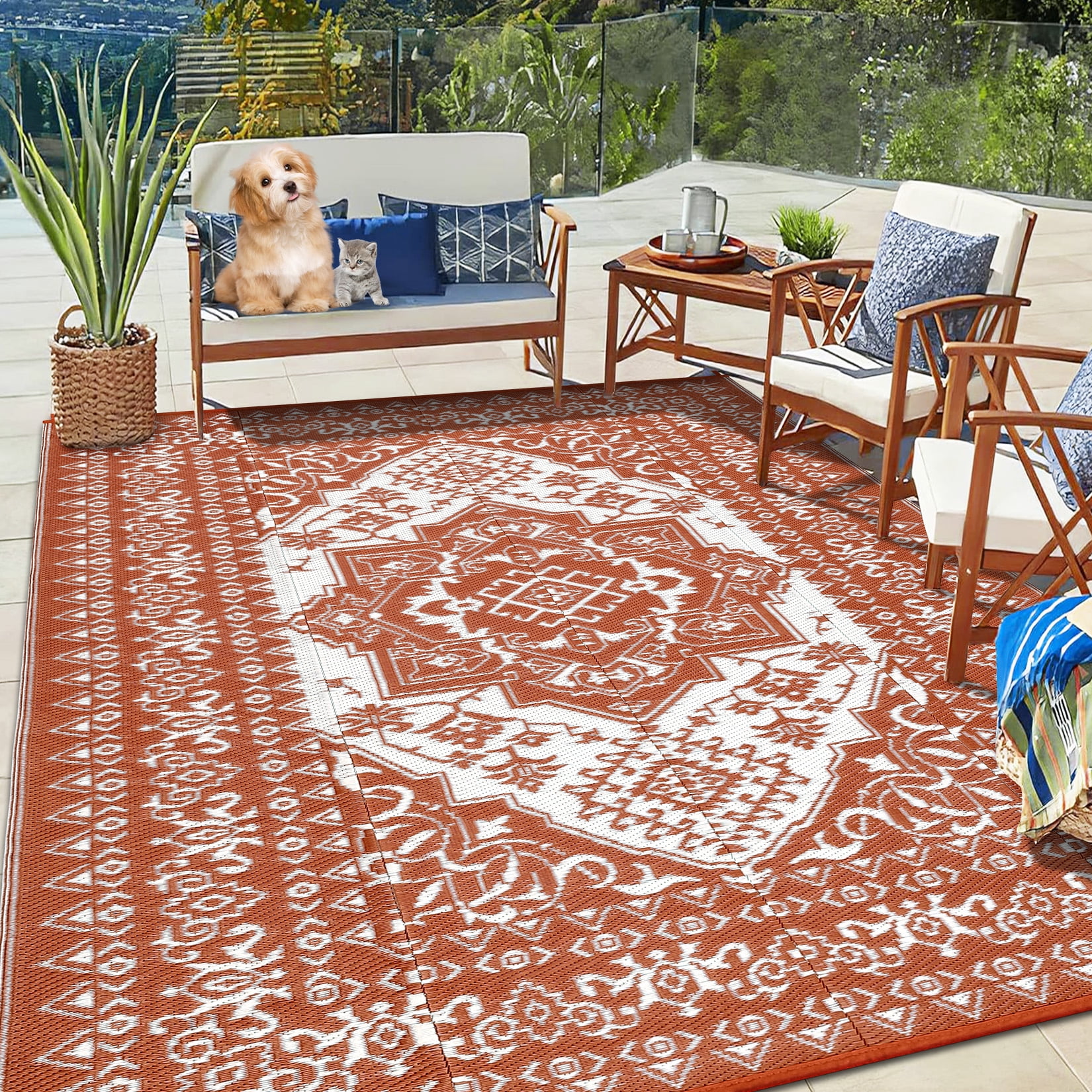 GlowSol Outdoor Area Rug, Waterproof Reversible Patio Carpet for Picnic and Deck (Brick Red/White, 8 ft x 10 ft) gx3b1