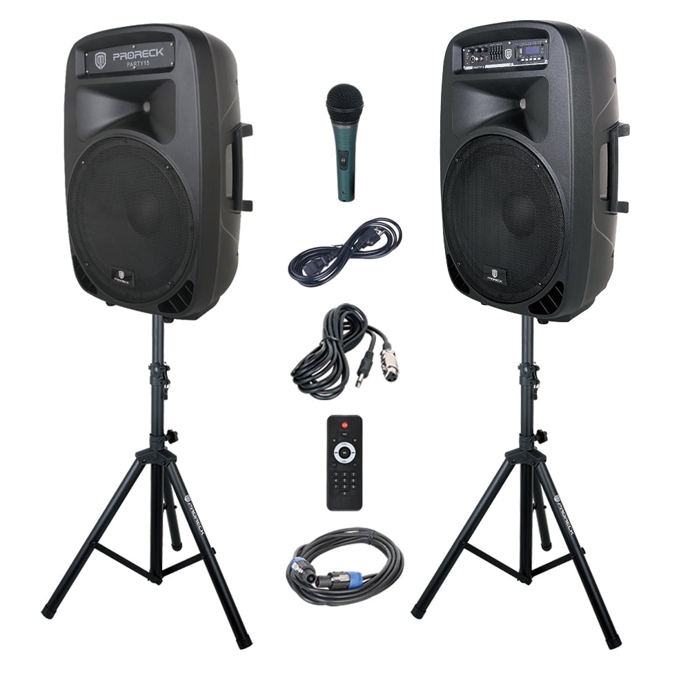 Proreck Party Portable 15 in 2000 Watt 2-Way Powered PA Speaker System with Bluetooth, LED Lights, and Wired Microphone (15 in) w7x90