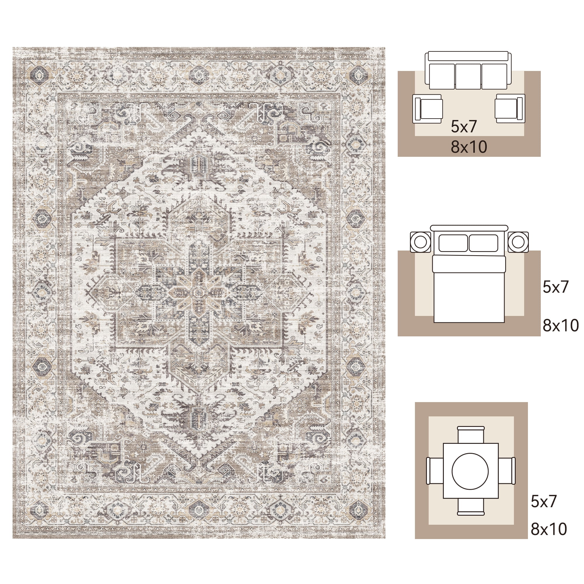 SIXHOME Washable Area Rug Vintage Medallion Distressed Carpet for Living Room and Bedroom (Taupe, 8 ft x 10 ft) 55bux