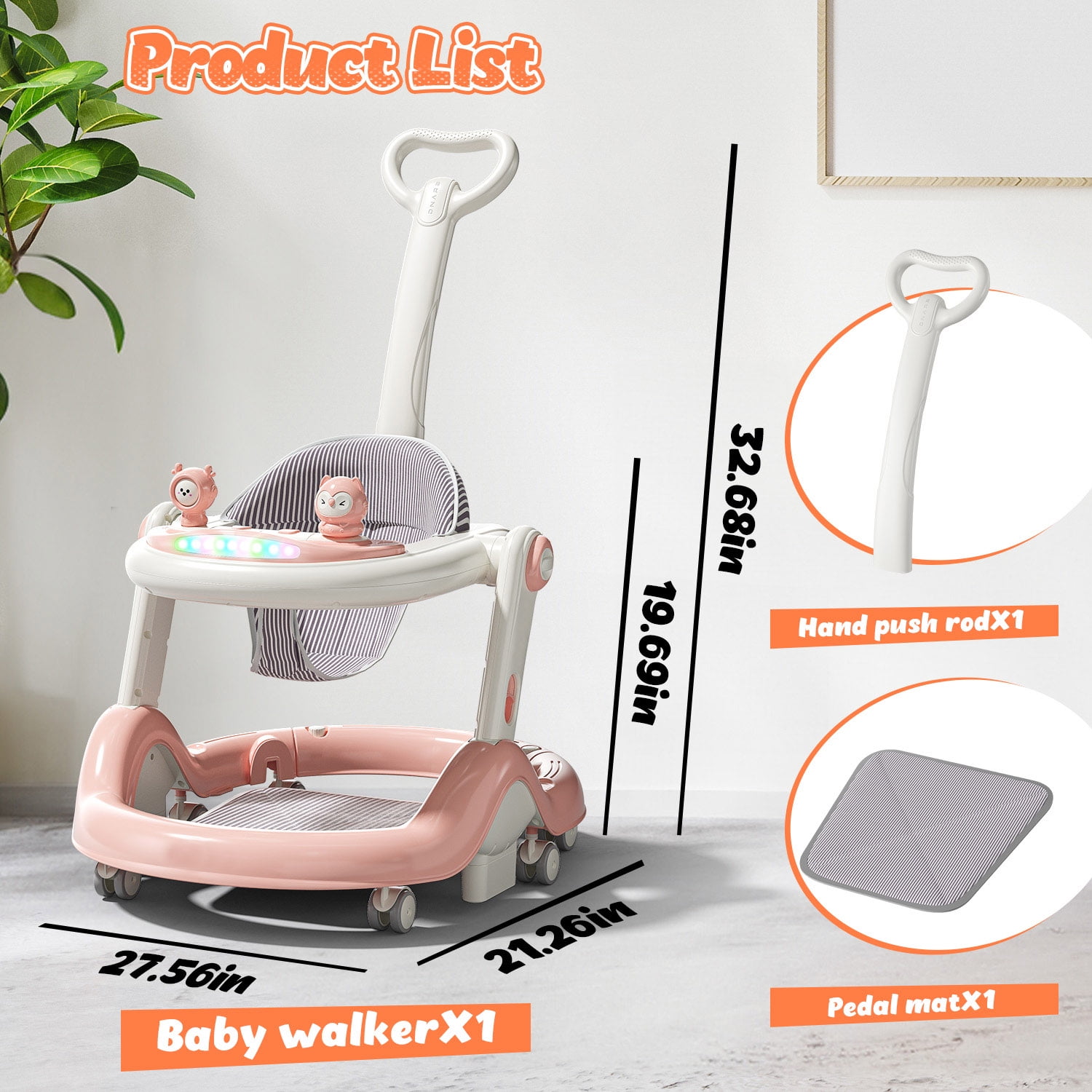 WonderStone 5-in-1 Baby Walker and Activity Center, Foldable Push Walker with Music and Lights (Pink, 27.5 in x 21 in x 19.68 in) 43quc