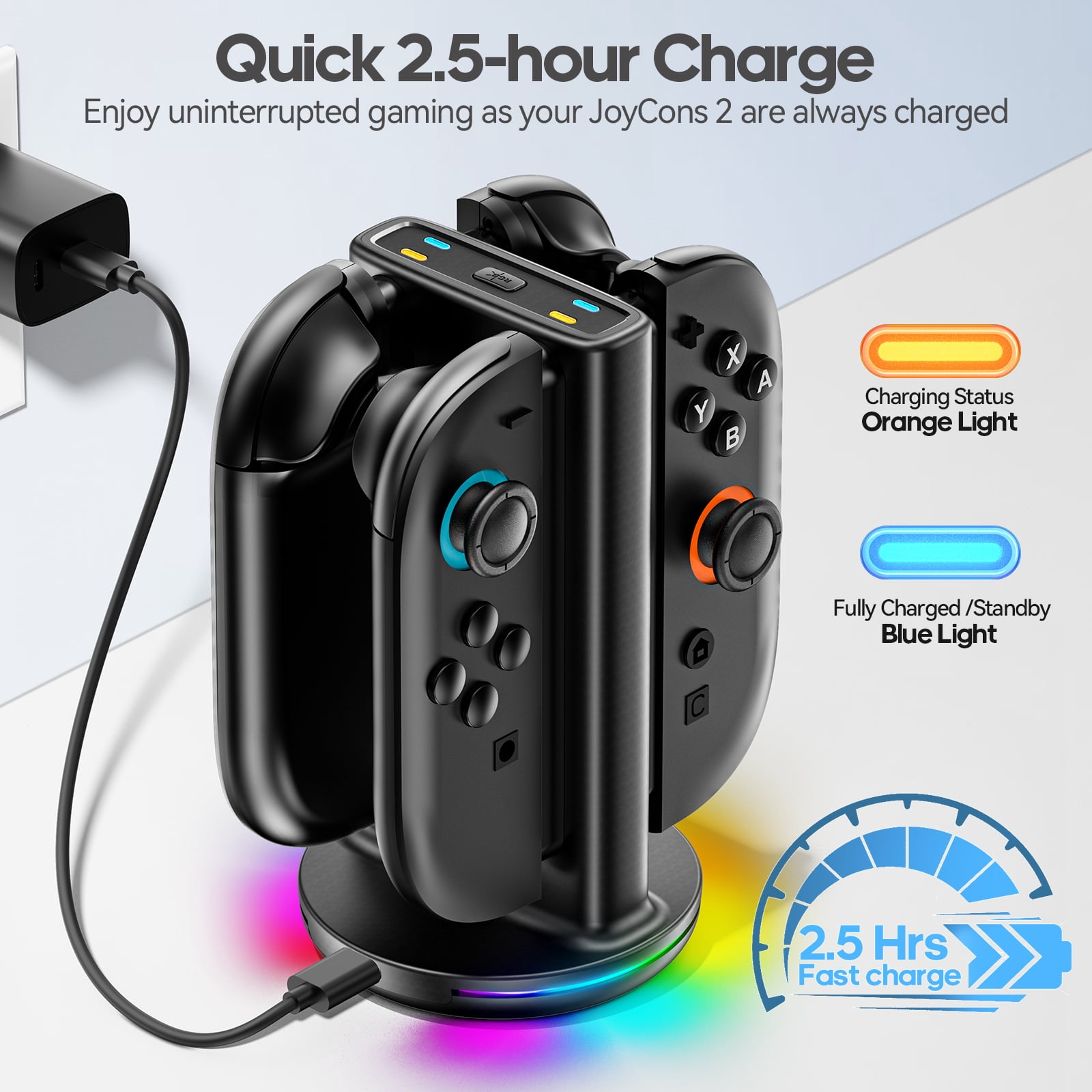 Kytok Switch 2 Joy-Con Charging Dock Station with Magnetic Bi-Directional Design and 9 RGB Lighting Modes (4-in-1) 0094x
