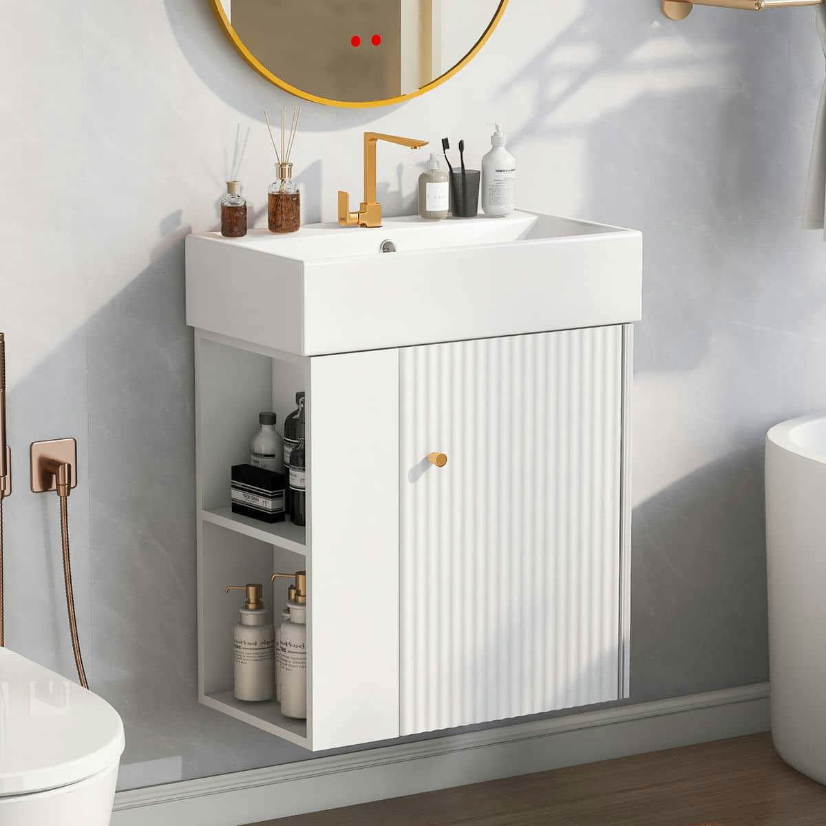 Kadyn Wall-Mount Bathroom Vanity, Modern Floating Vanity with Ceramic Basin and Left Side Storage (White, 21.6 in) 71b1h