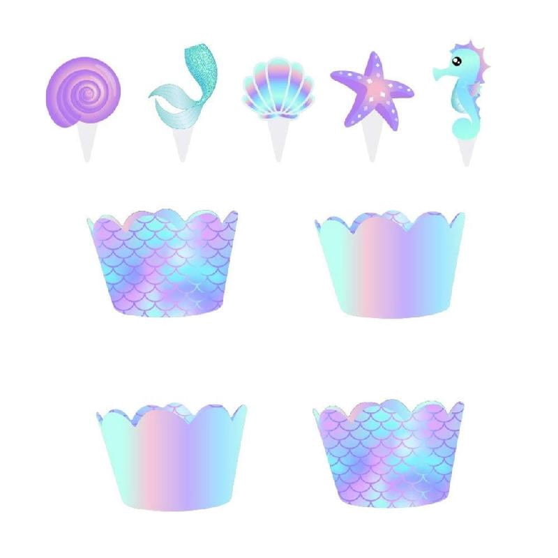 Zeiwohndc Mermaid Cupcake Toppers and Wrappers Set for Birthday Party Decorations (20 Pack) 461sx
