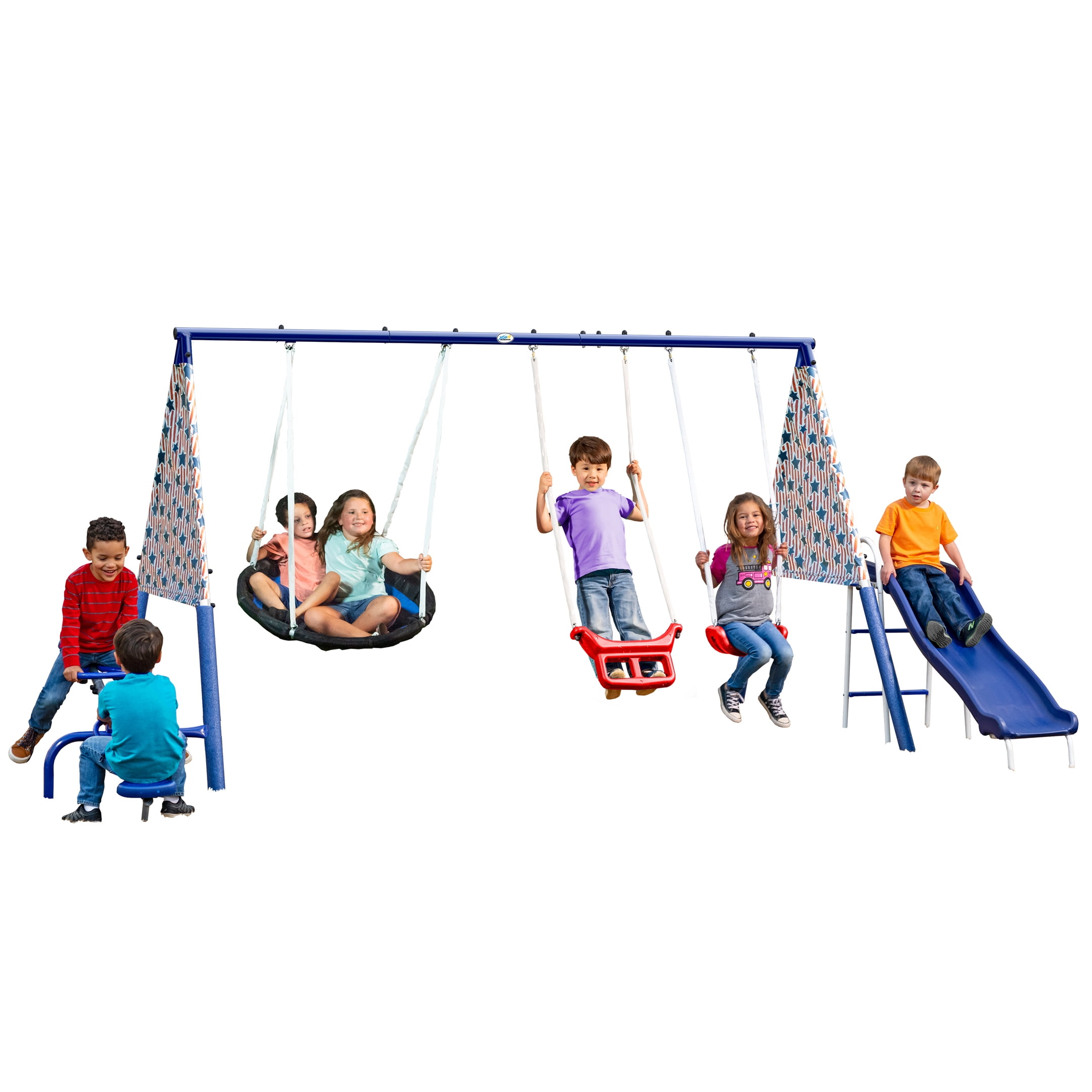 XDP Recreation Freedom Fun Metal Swing Set with Super Disc Saucer, See-Saw, and Slide (White, 128 in W x 91 in D x 74 in H) b6pmt