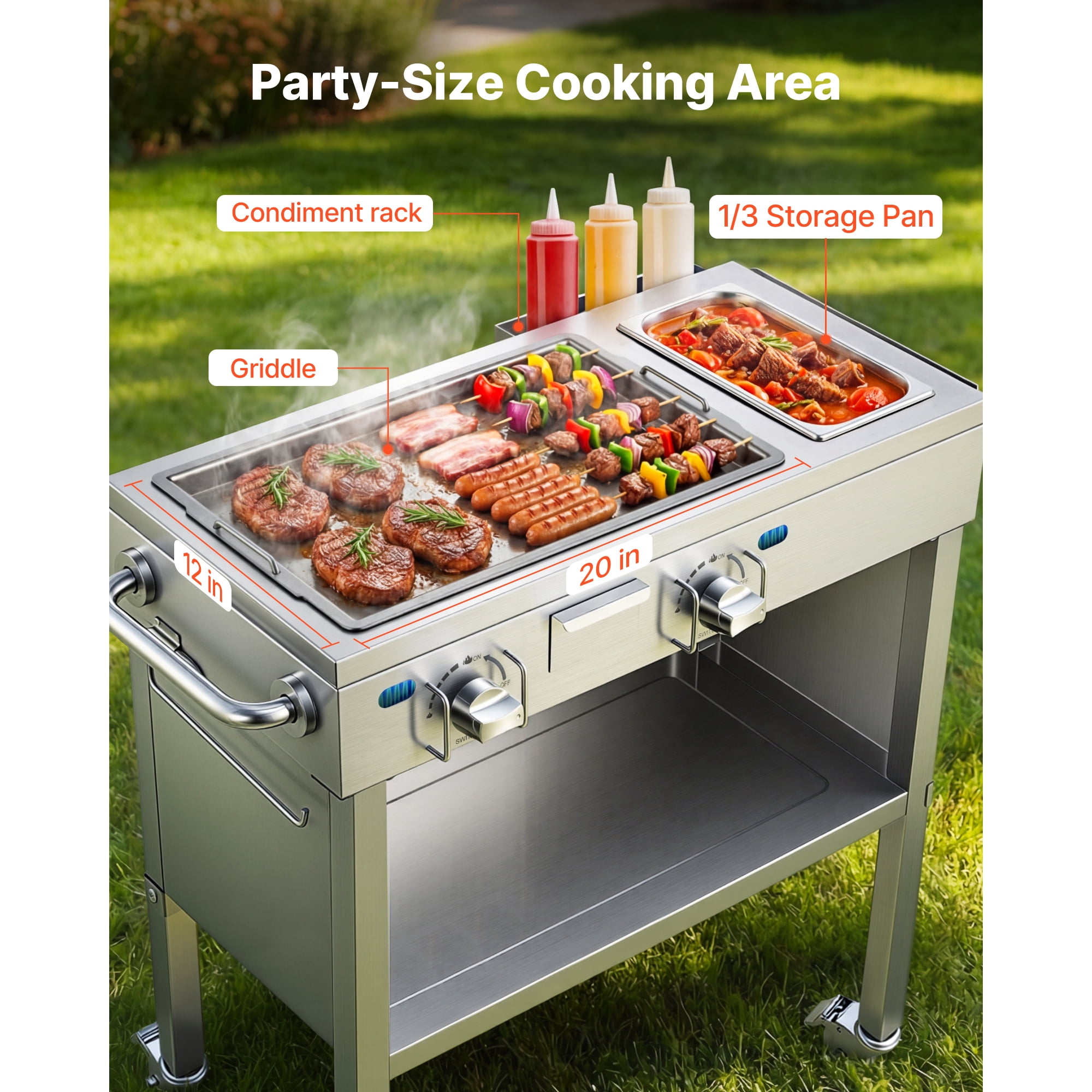 KFFKFF Outdoor Propane Griddle with 2 Burners, Stainless Steel Gas Cooking Cart with Lockable Wheels (Silver, 23,200 BTU) 57oed
