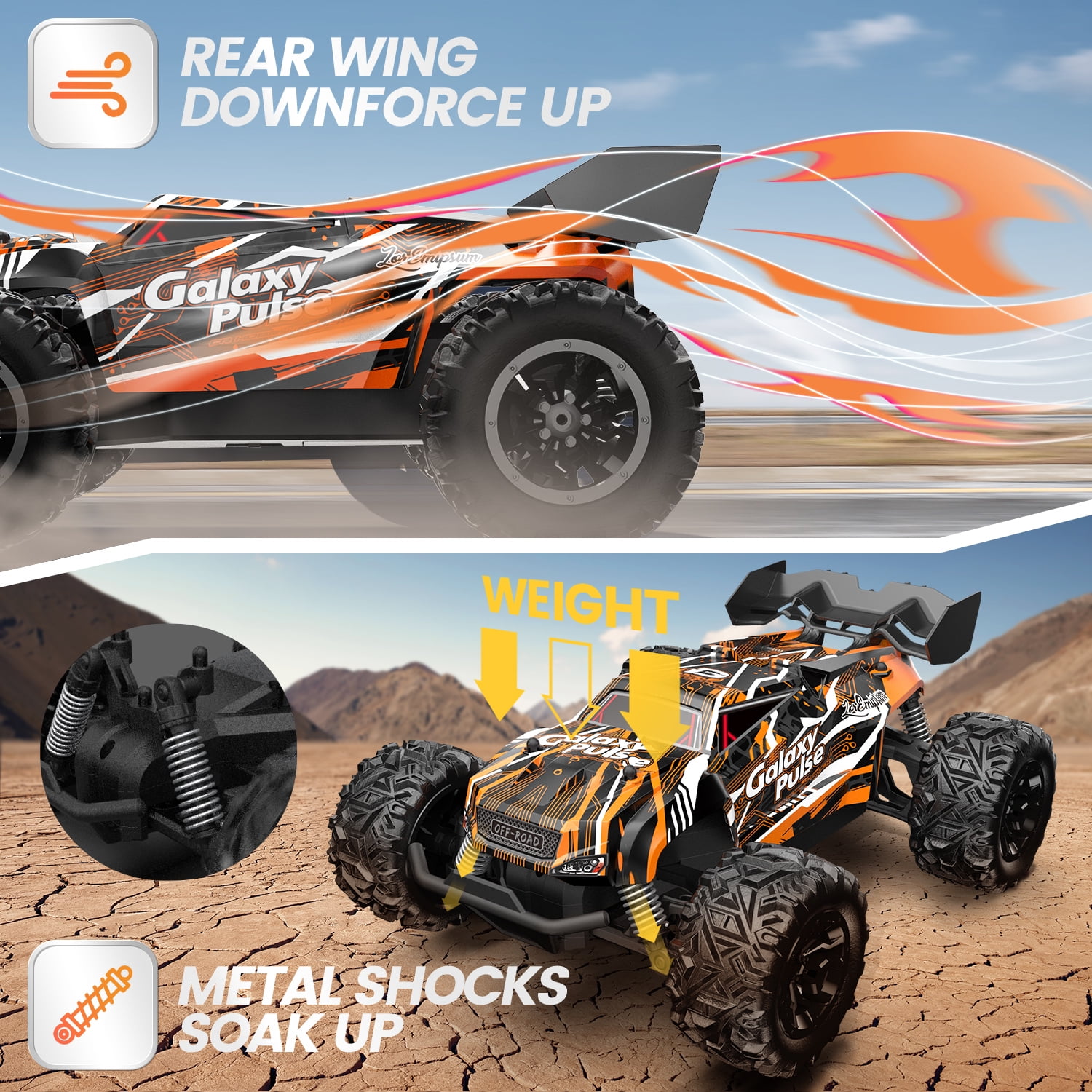 JoyStone Remote Control Monster Truck, All-Terrain 2.4GHz RC Car with 2 Rechargeable Batteries (Black & Orange, 1:18 Scale) ejmuy